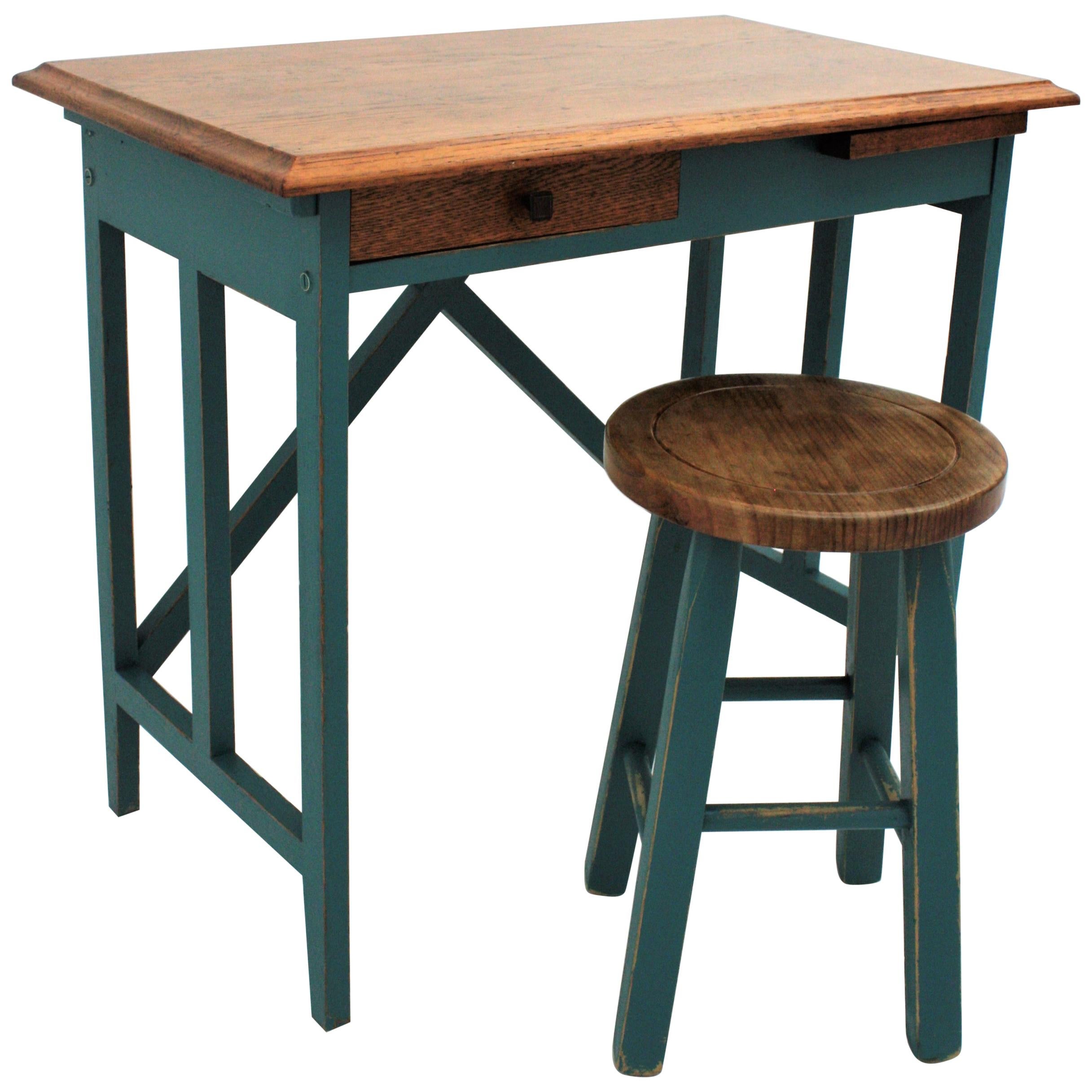 Spanish Desk and Stool in Oak with Green Blue Patina, 1930s For Sale