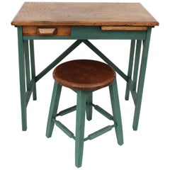 Spanish 1930s Industrial Desk and Stool in Oak Wood and Green Patina
