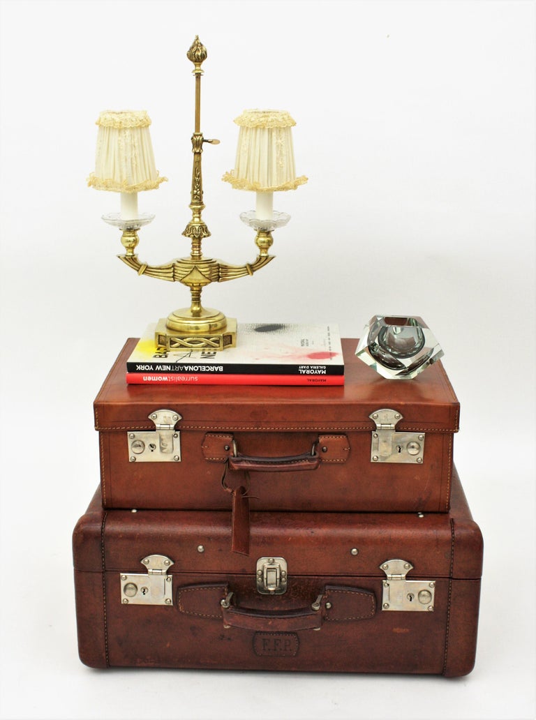 Spanish 1930s Leather Suitcases as Side Table For Sale at 1stDibs
