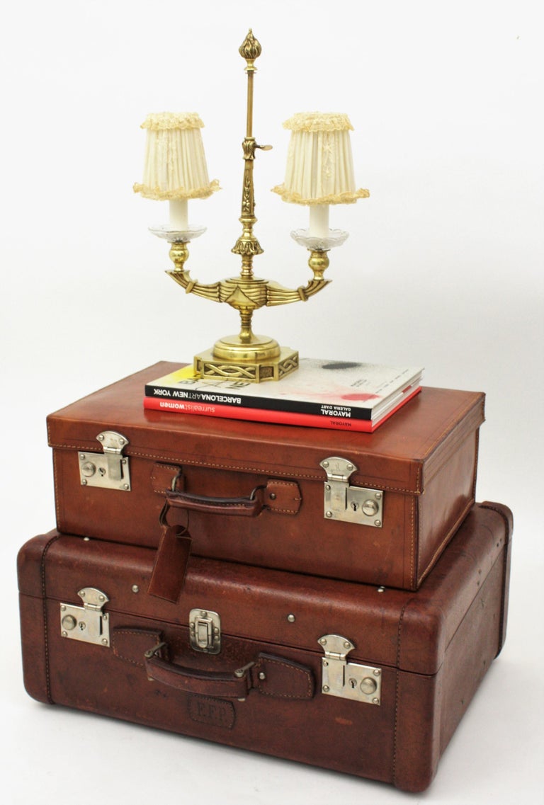 Spanish 1930s Leather Suitcases as Side Table For Sale at 1stDibs