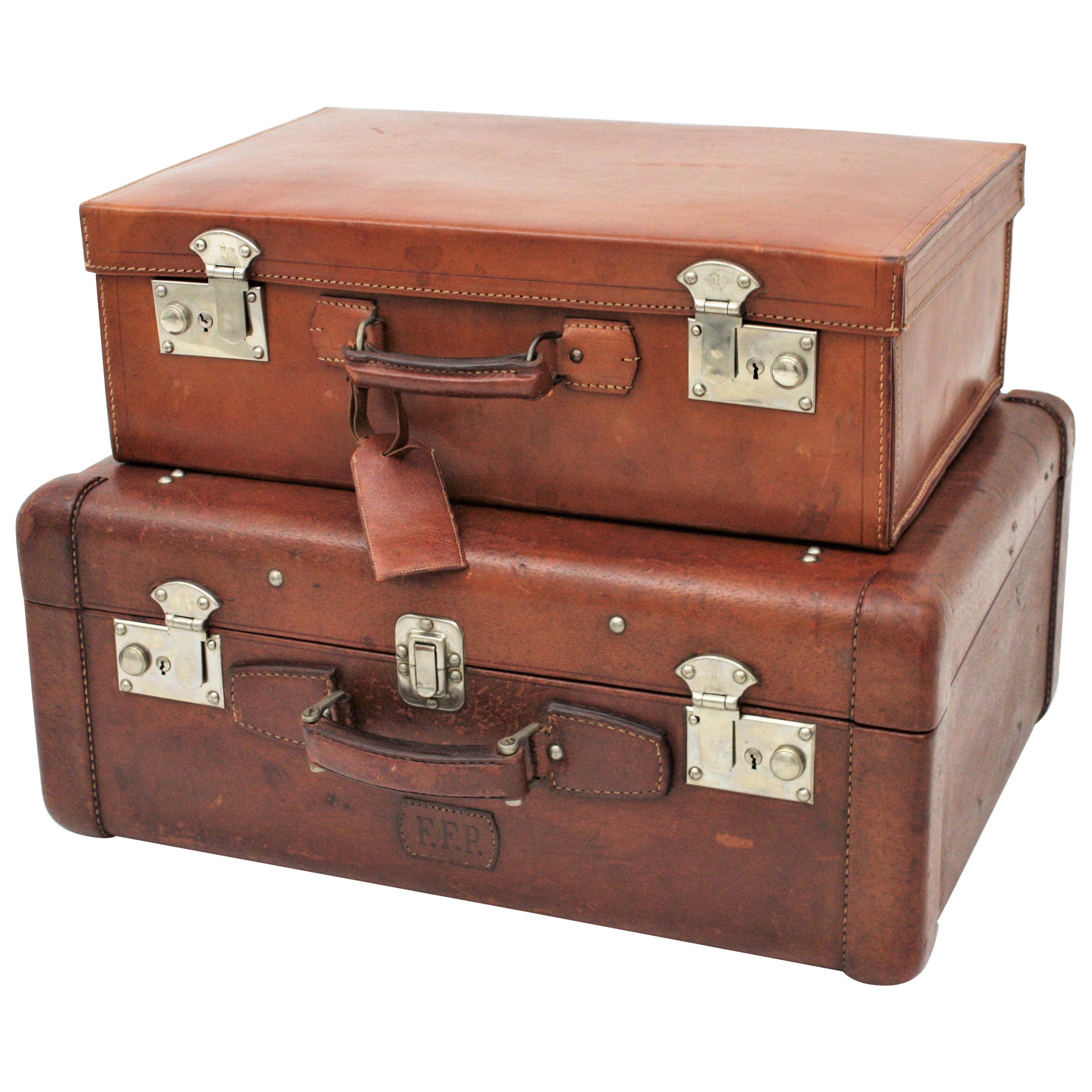Spanish 1930s Leather Suitcases as Side Table