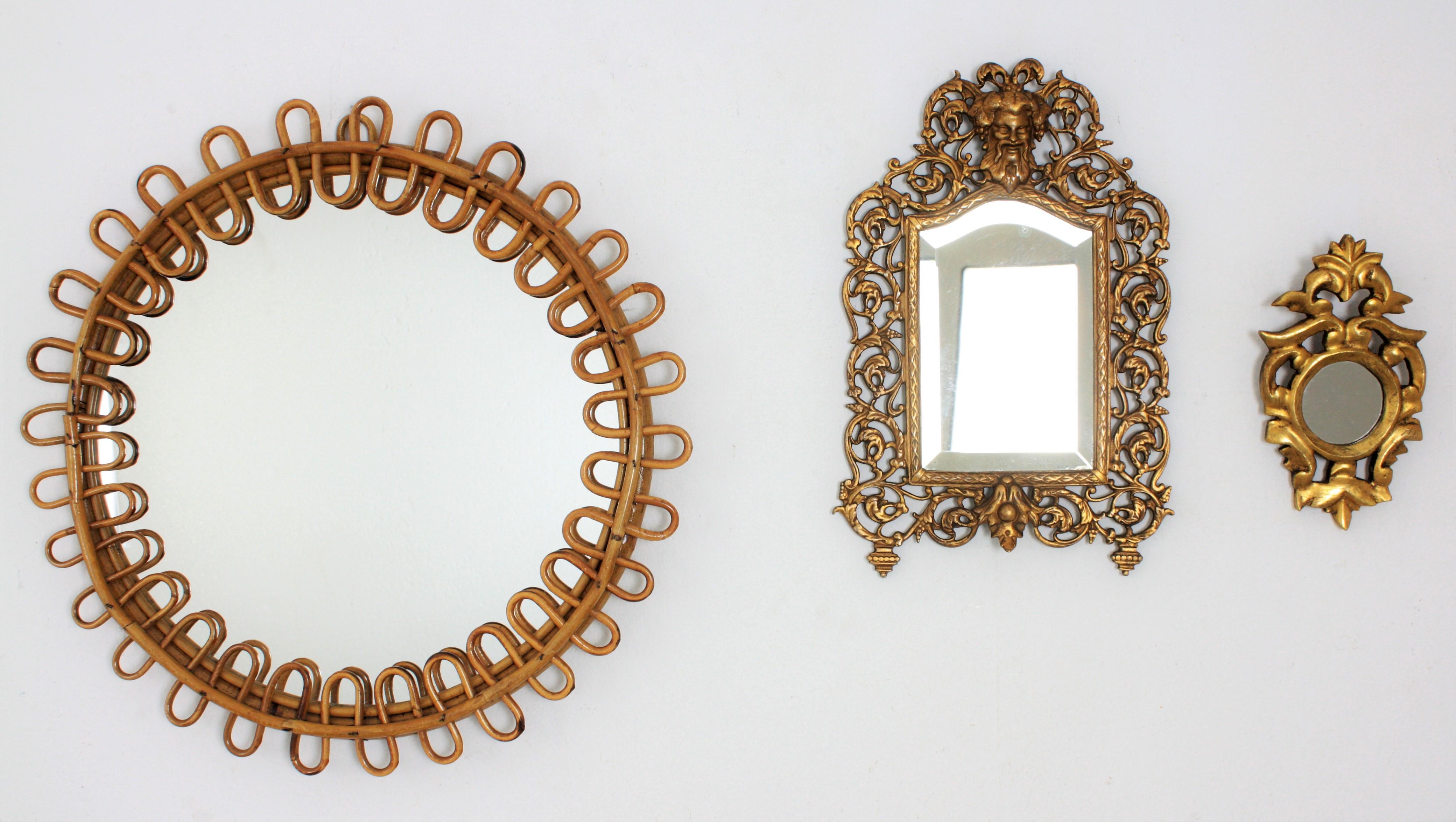 Hand-Carved Spanish 1930s Rococo Style Carved Giltwood Round Mirror Miniature