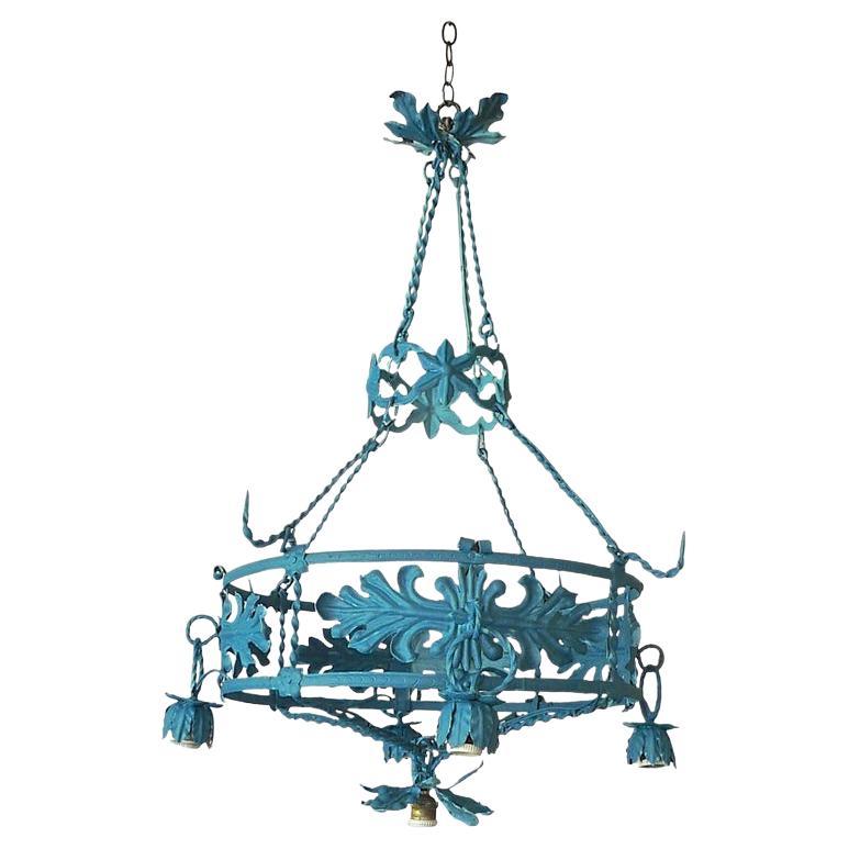 Spanish 1930s Round Painted Iron Ceiling Light with 4 Outer and 1 Centre Light For Sale