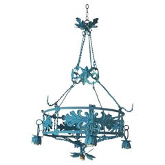 Spanish 1930s Round Painted Iron Ceiling Light with 4 Outer and 1 Centre Light