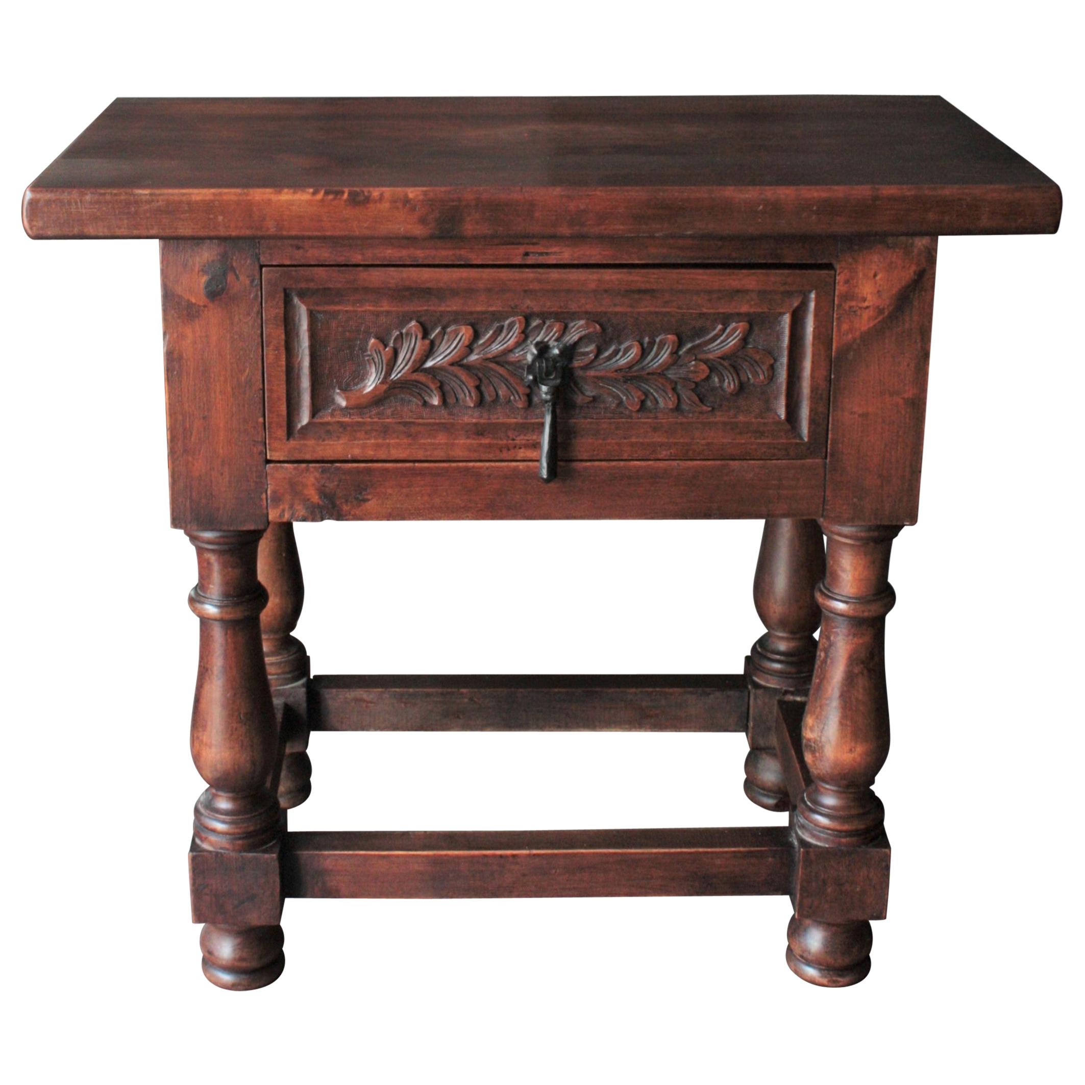 Spanish Walnut Side or End Table with Drawer and Iron Hardware, 1930s