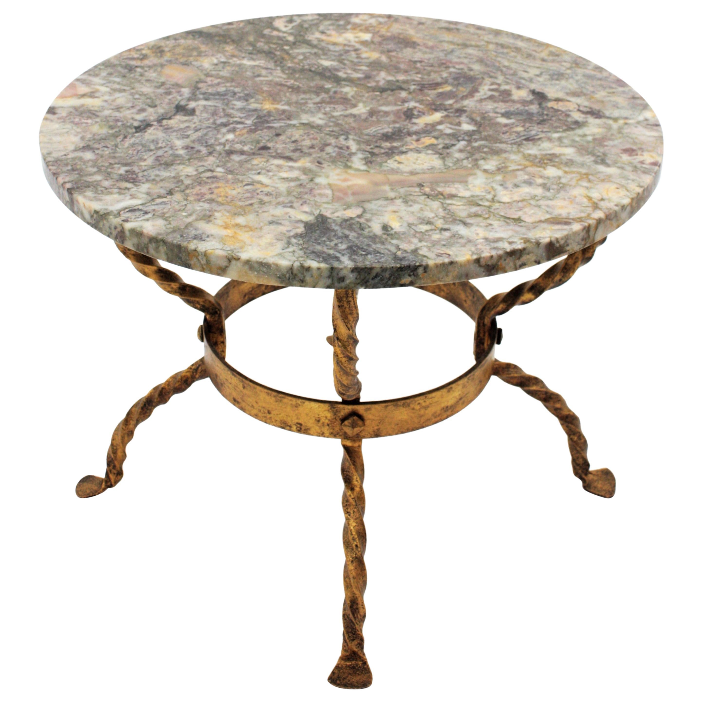 Spanish 1940s Gold Leaf Git Iron 
Marble Round Coffee Table or Drinks Table