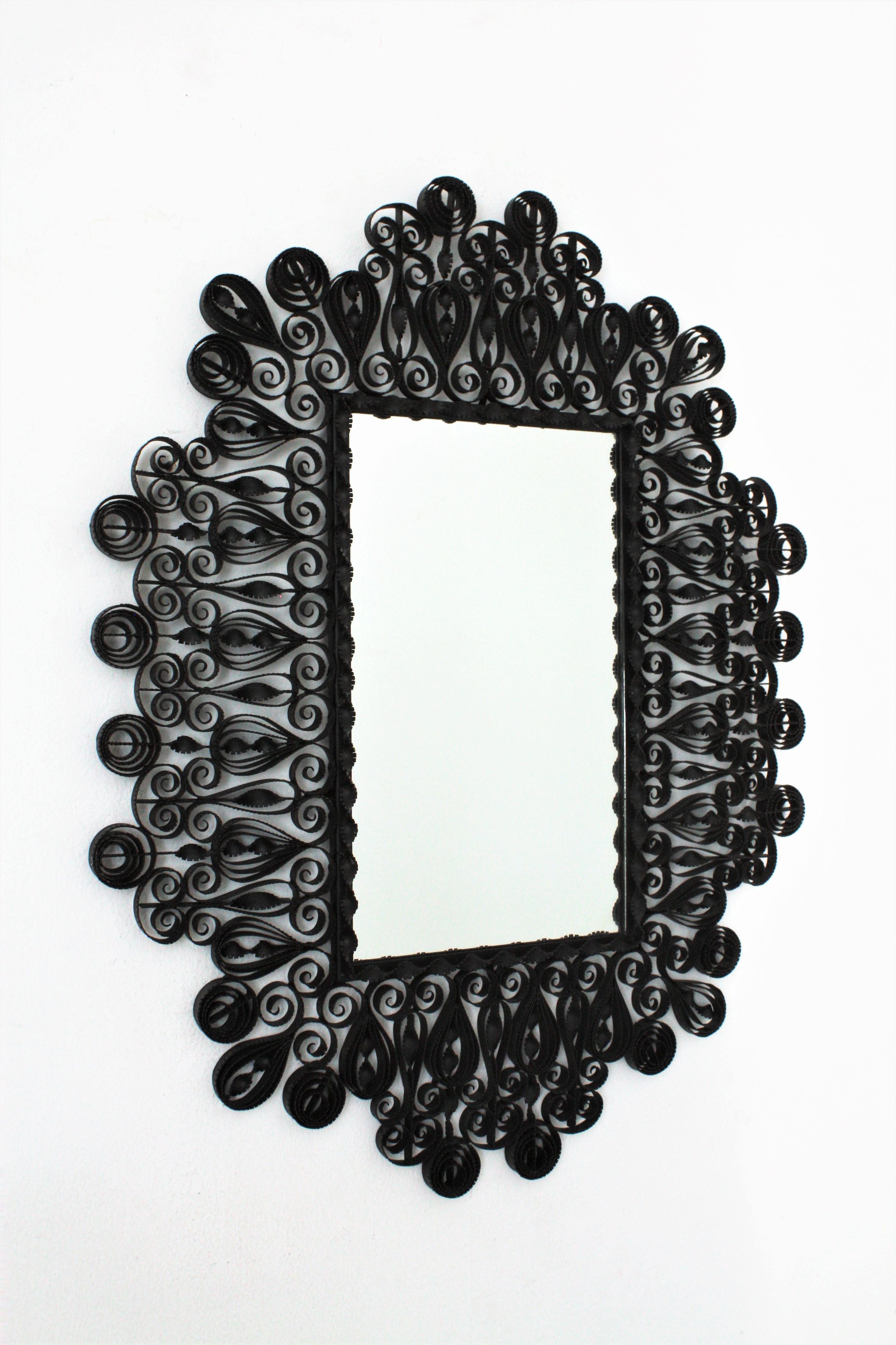 Spanish Gothic Revival Wrought Iron Mirror with Scroll and Twisting Frame, Spain, 1940s