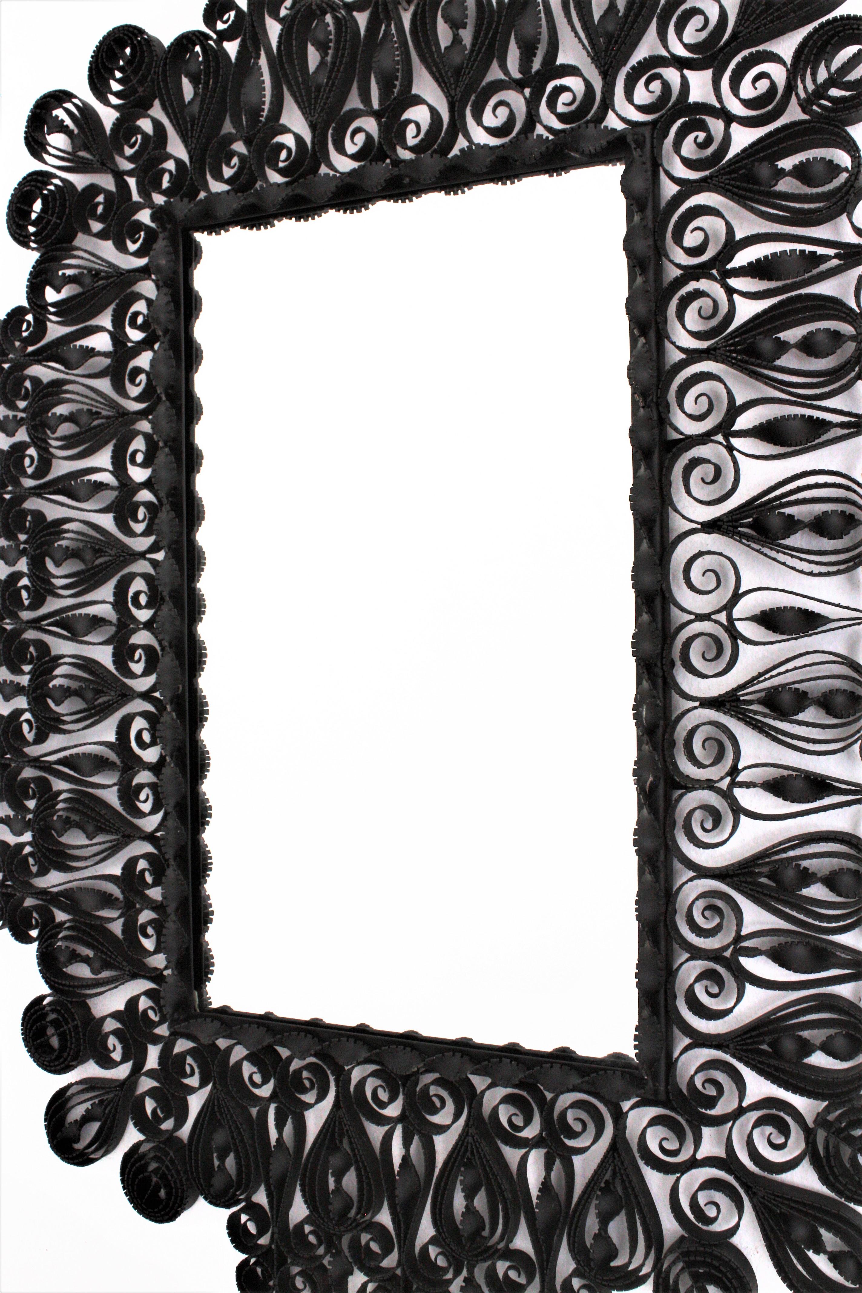 Hammered Gothic Revival Wrought Iron Mirror with Scroll and Twisting Frame, Spain, 1940s