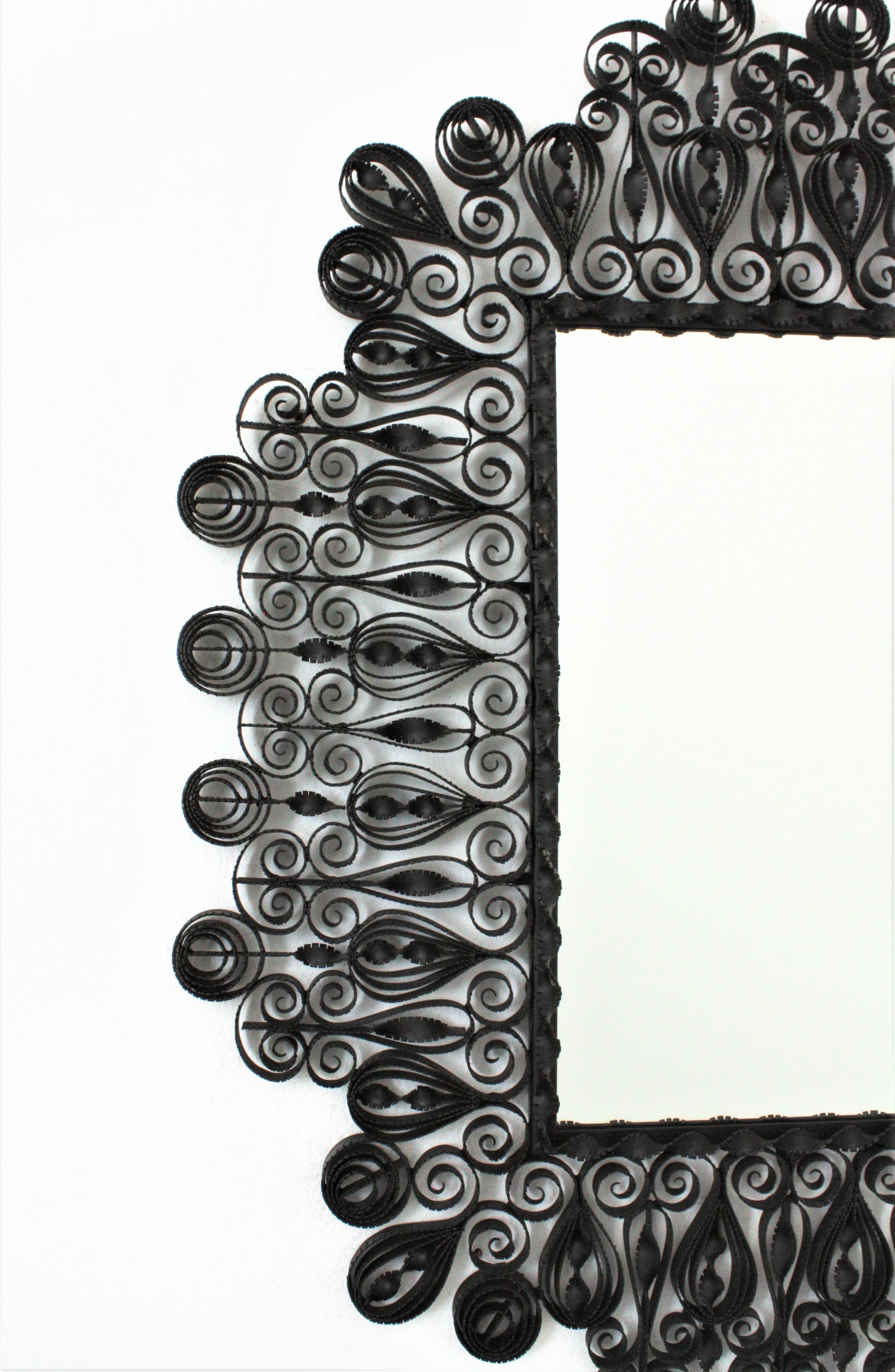 20th Century Gothic Revival Wrought Iron Mirror with Scroll and Twisting Frame, Spain, 1940s