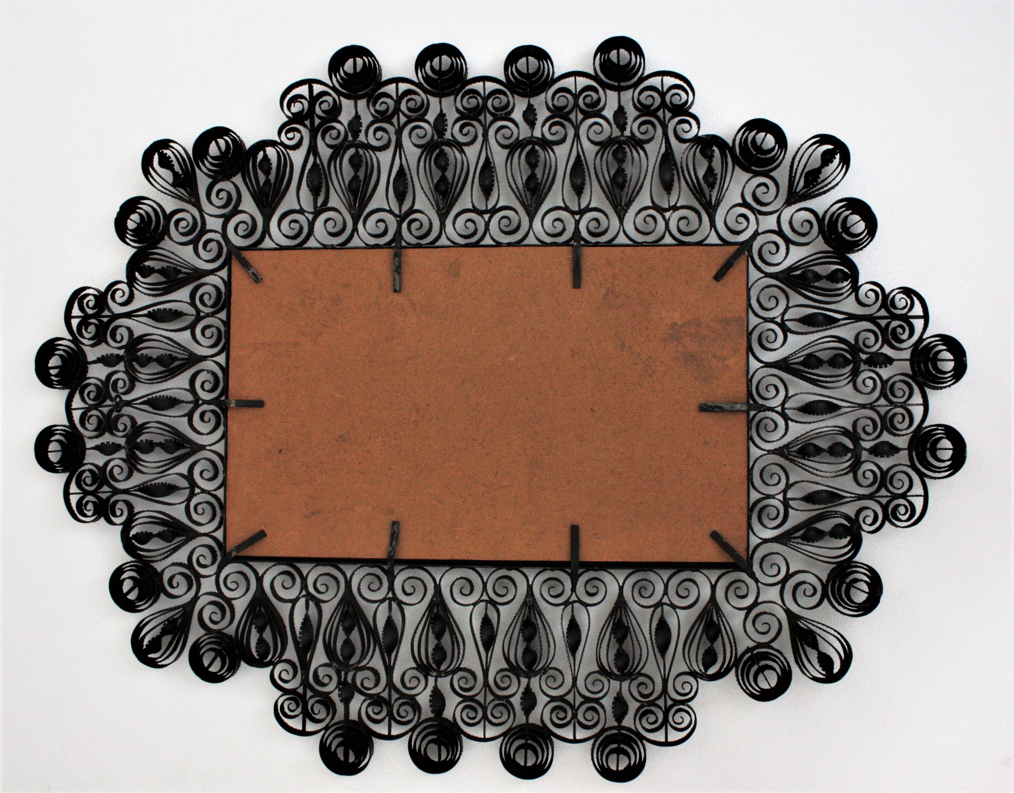 Gothic Revival Wrought Iron Mirror with Scroll and Twisting Frame, Spain, 1940s 3