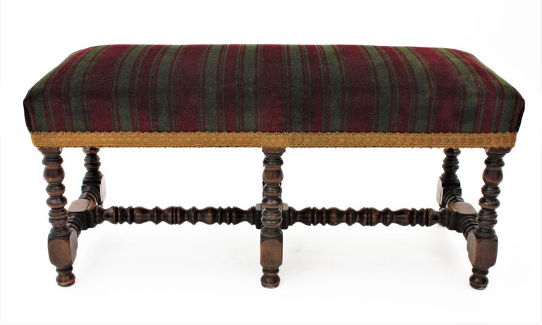 Carved Louis XIII Style Turned Wood Long Bench / Stool by Valenti, Spain 1940s For Sale