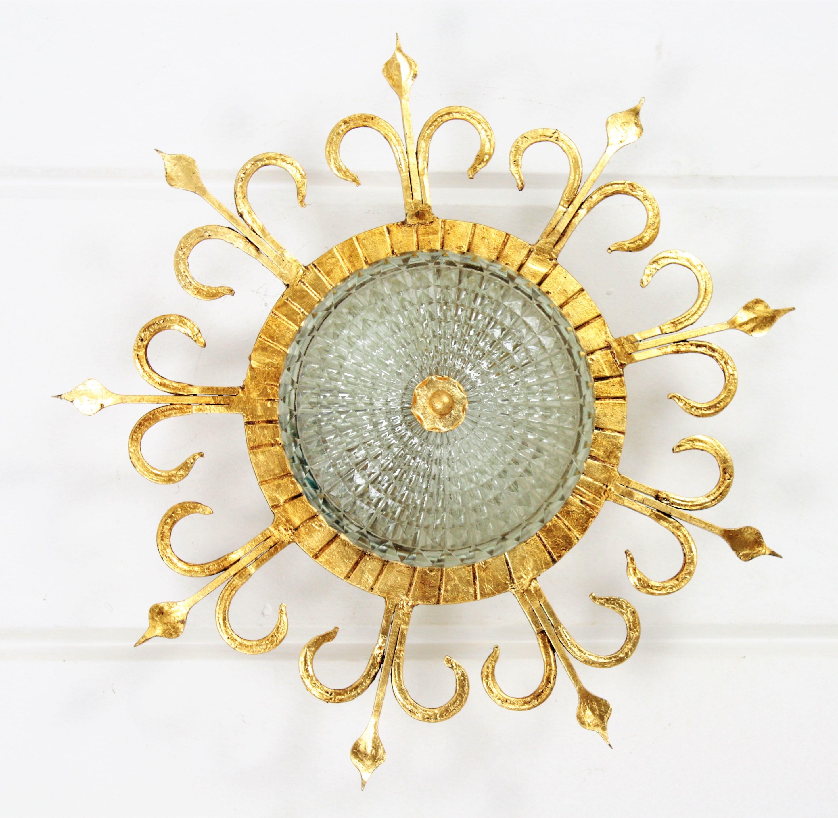 Spanish 1940s Neoclassical Gilt Iron and Glass Flush Mount Ceiling Light Fixture 6