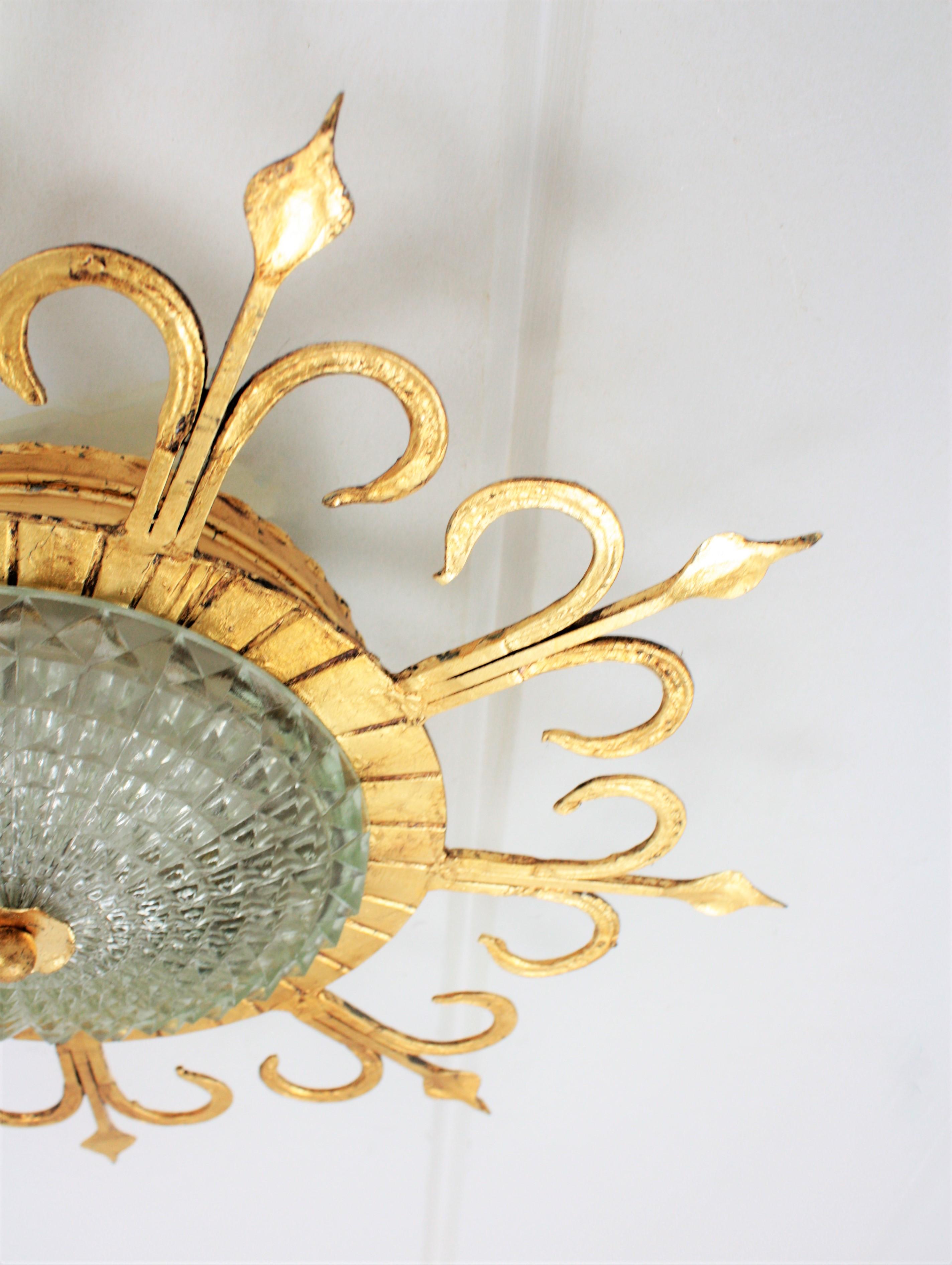 Spanish 1940s Neoclassical Gilt Iron and Glass Flush Mount Ceiling Light Fixture 7