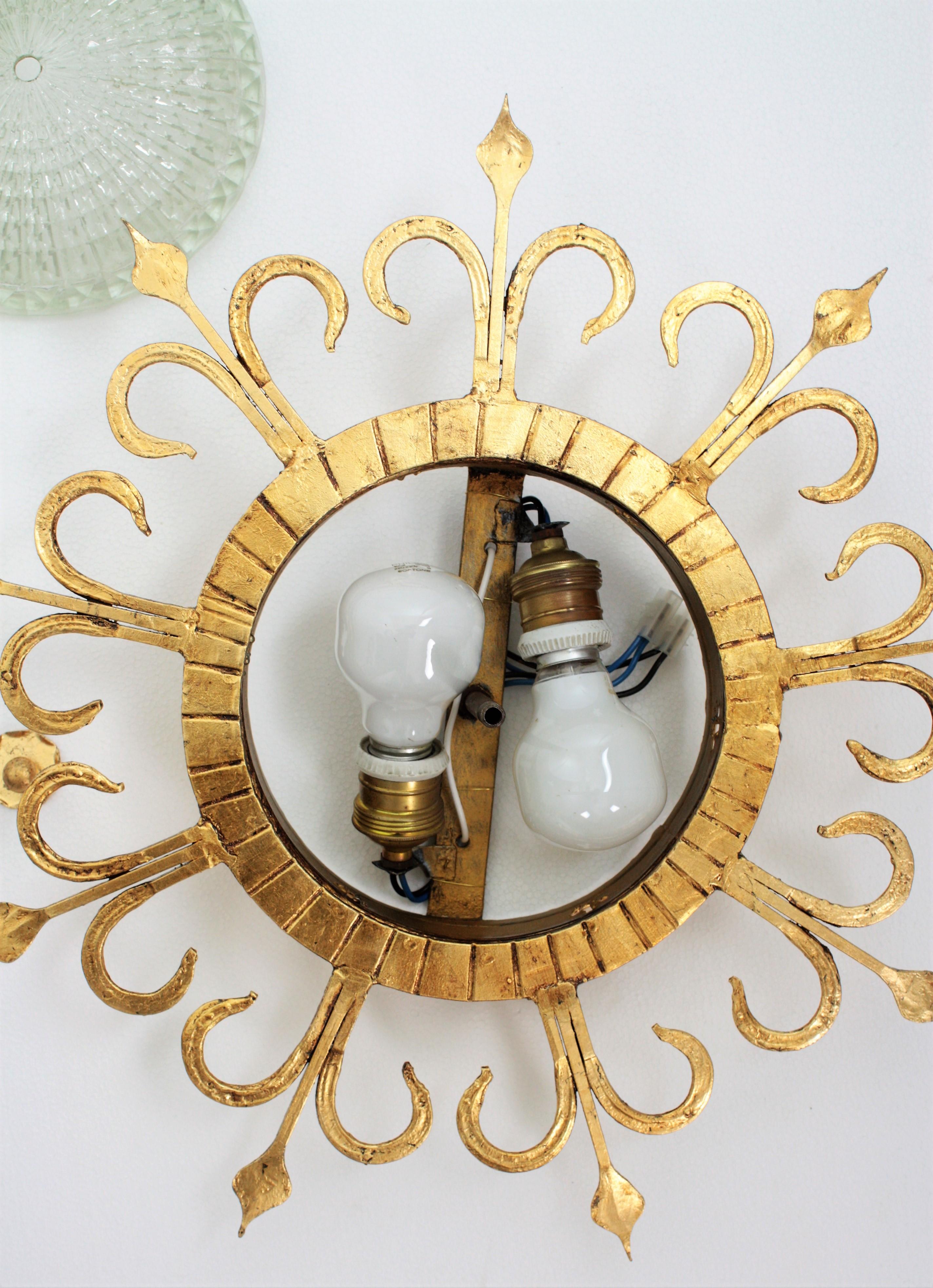 Spanish 1940s Neoclassical Gilt Iron and Glass Flush Mount Ceiling Light Fixture 8