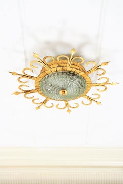Spanish 1940s Neoclassical Gilt Iron and Glass Flush Mount Ceiling Light Fixture