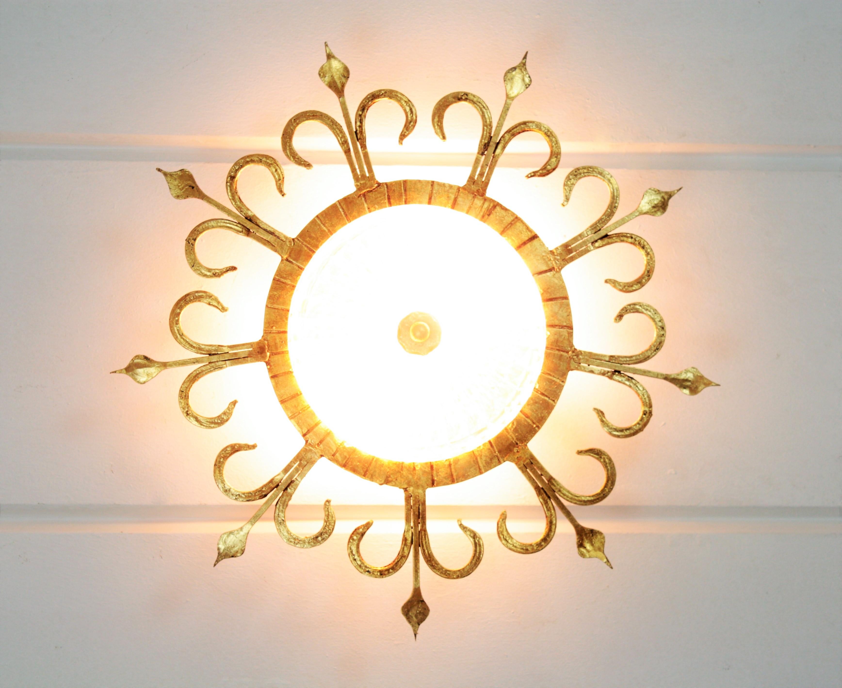 20th Century Spanish 1940s Neoclassical Gilt Iron and Glass Flush Mount Ceiling Light Fixture