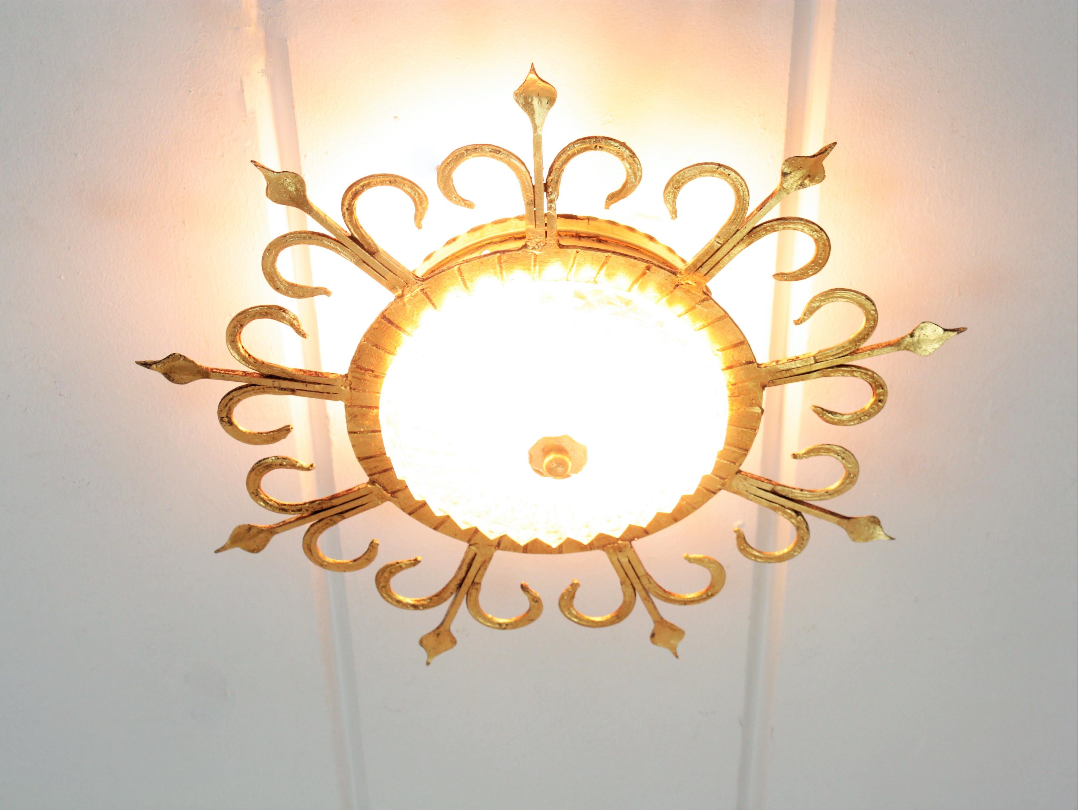 Spanish 1940s Neoclassical Gilt Iron and Glass Flush Mount Ceiling Light Fixture 1