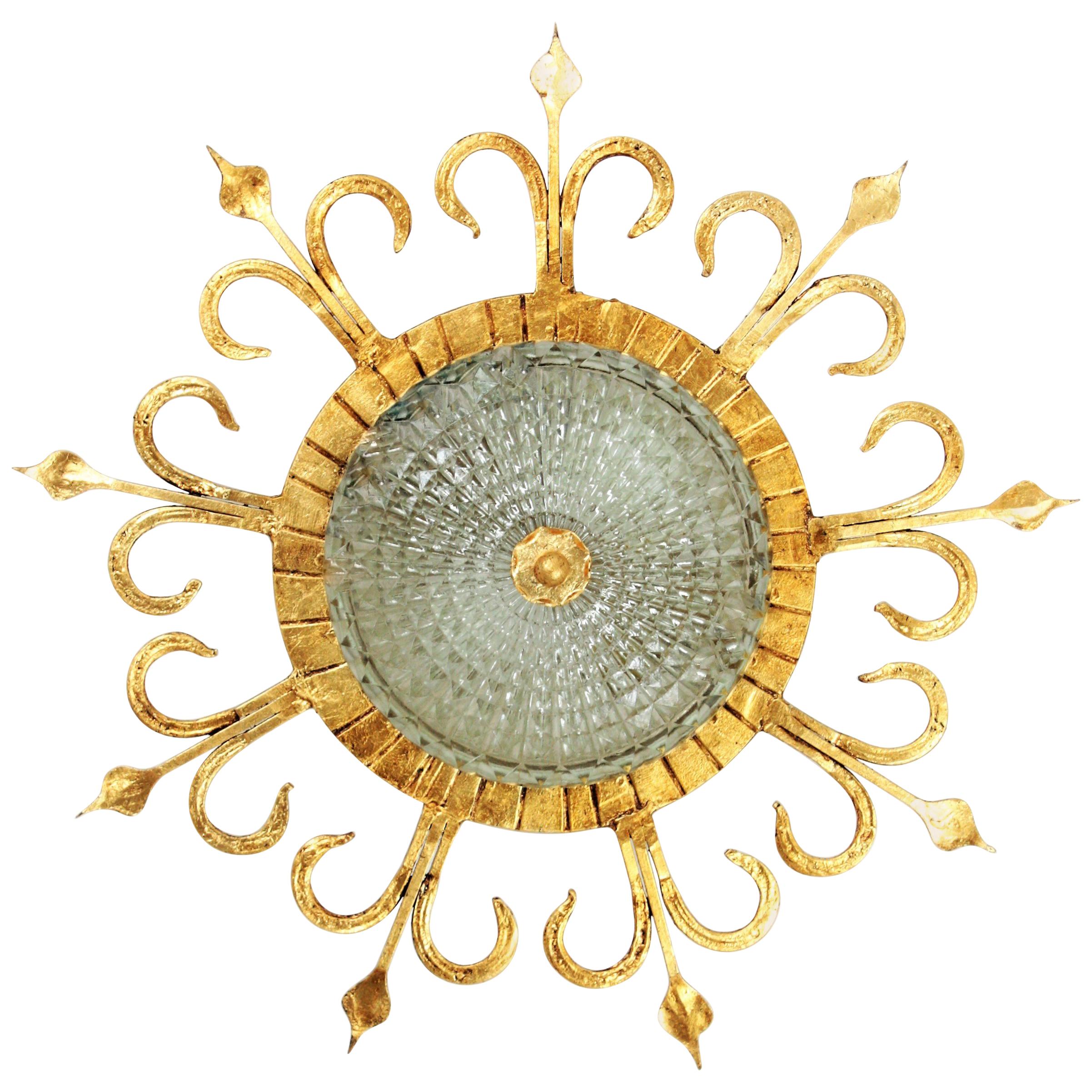 Spanish 1940s Neoclassical Gilt Iron and Glass Flush Mount Ceiling Light Fixture