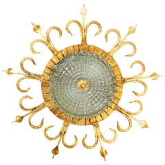 light fixture in spanish Spanish 1940s Neoclassical Gilt Iron and Glass Flush Mount Ceiling Light Fixture