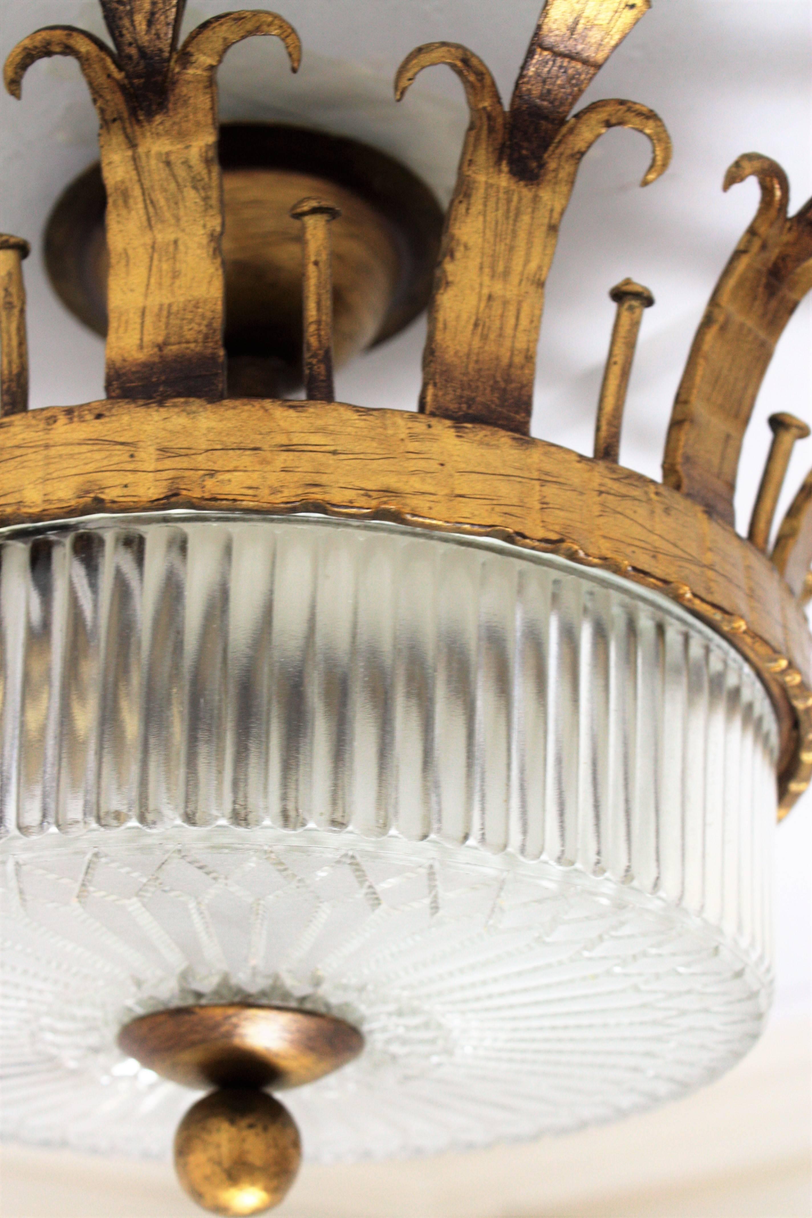 Spanish 1940s Neoclassical Gilt Iron Fluted Glass Flush Mount Ceiling Light 8