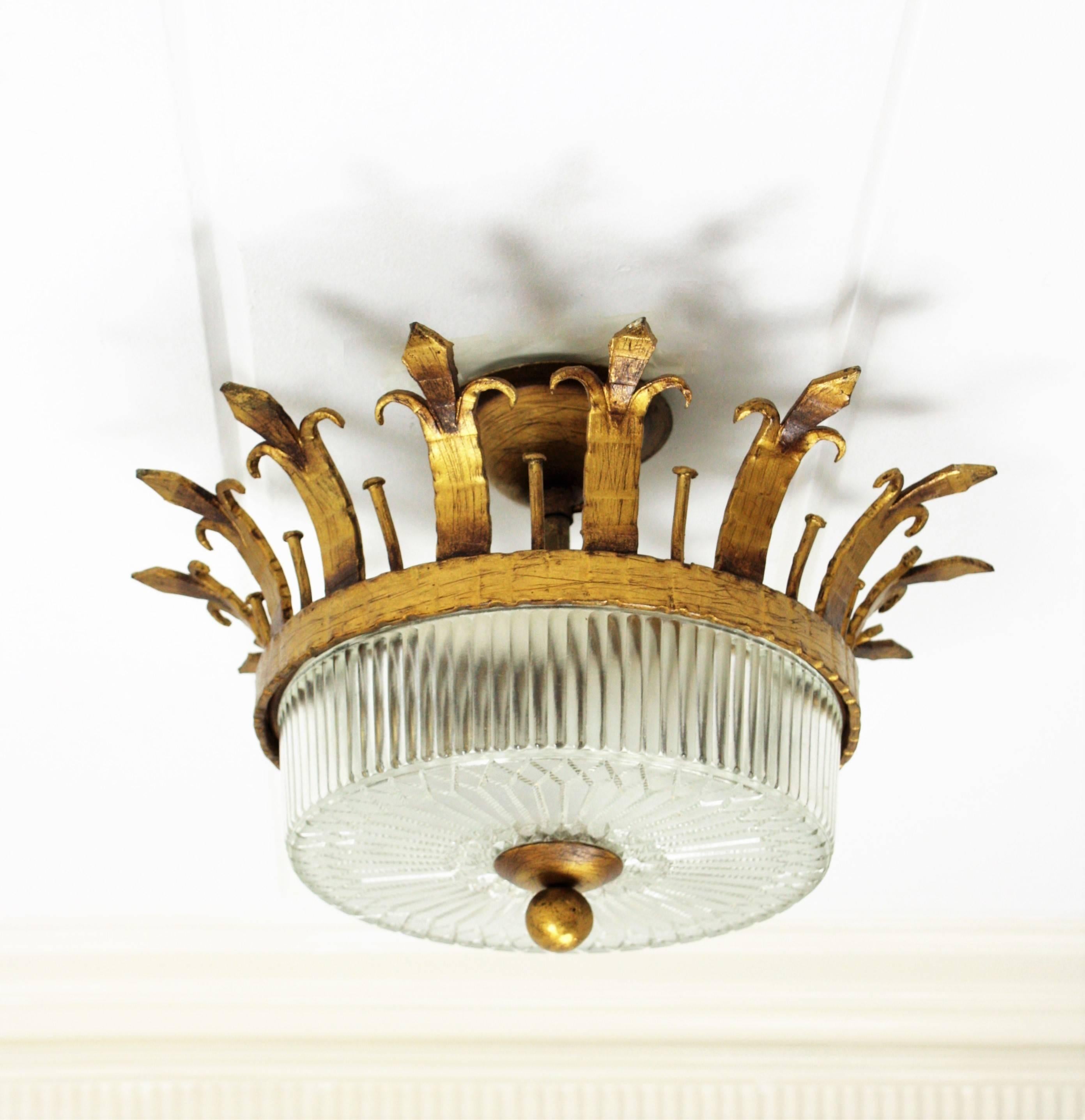 Frosted Spanish 1940s Neoclassical Gilt Iron Fluted Glass Flush Mount Ceiling Light