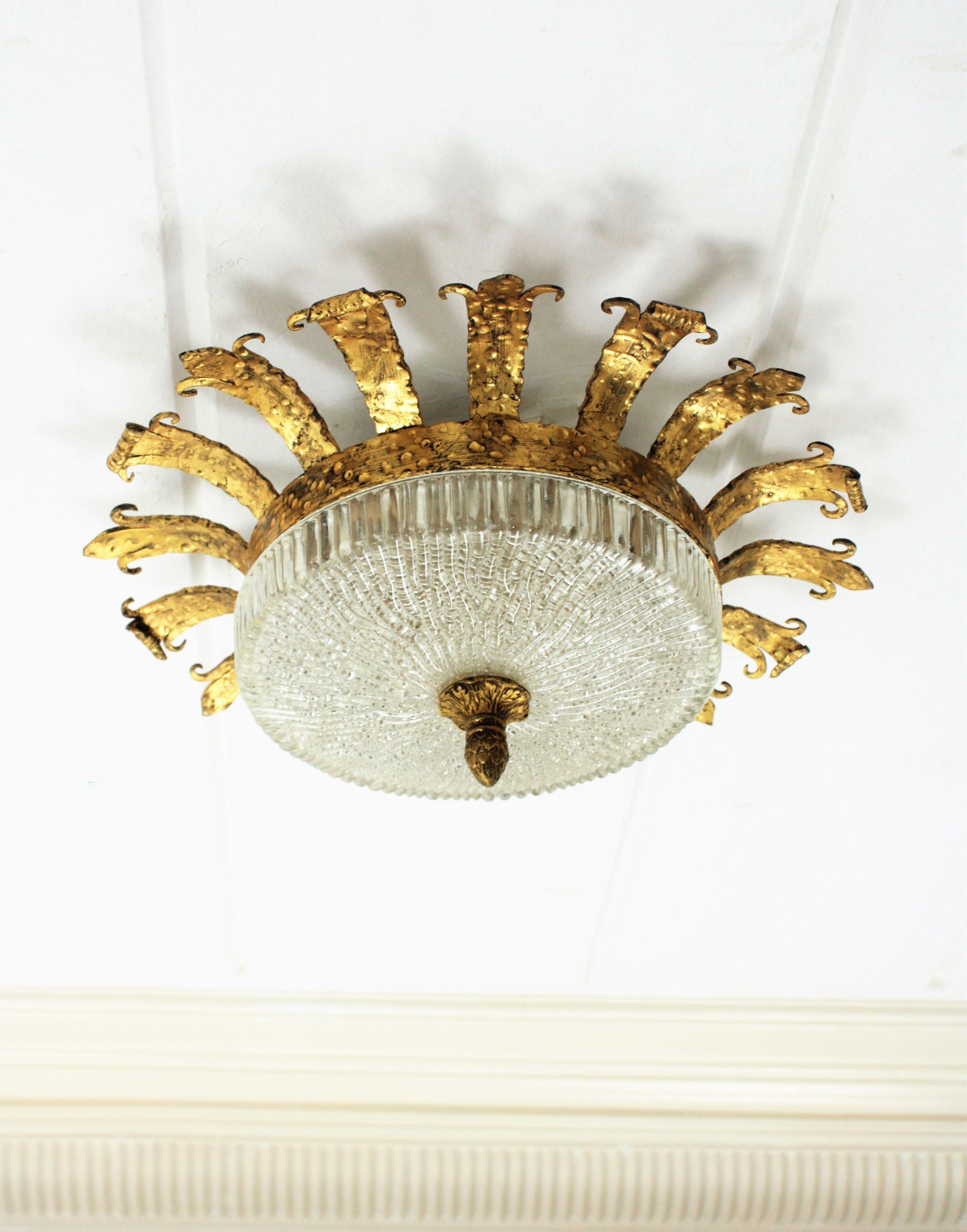 Frosted Spanish 1940s Neoclassical Gilt Iron Fluted Glass Flush Mount Ceiling Light