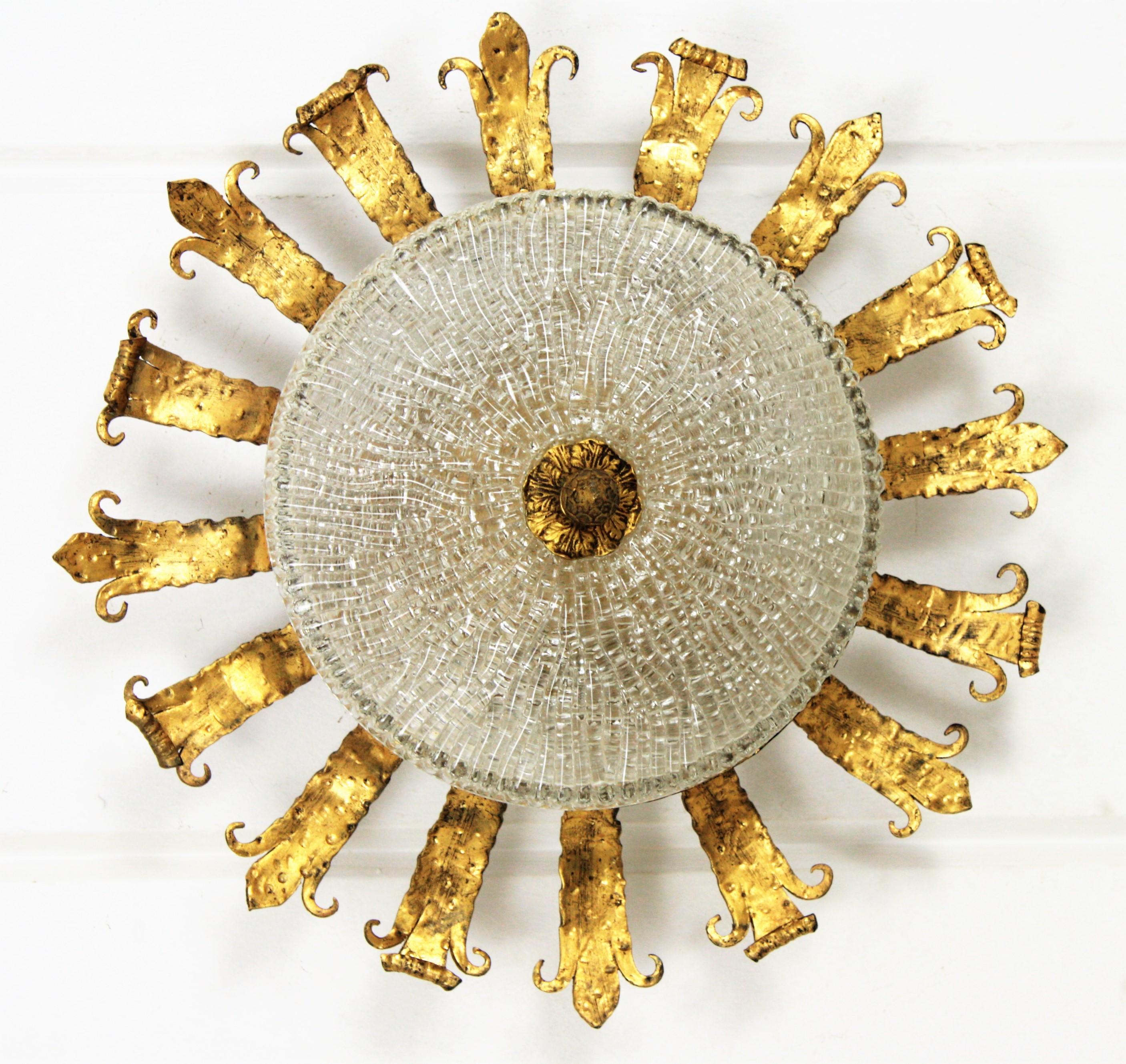 Gold Leaf Spanish 1940s Neoclassical Gilt Iron Fluted Glass Flush Mount Ceiling Light