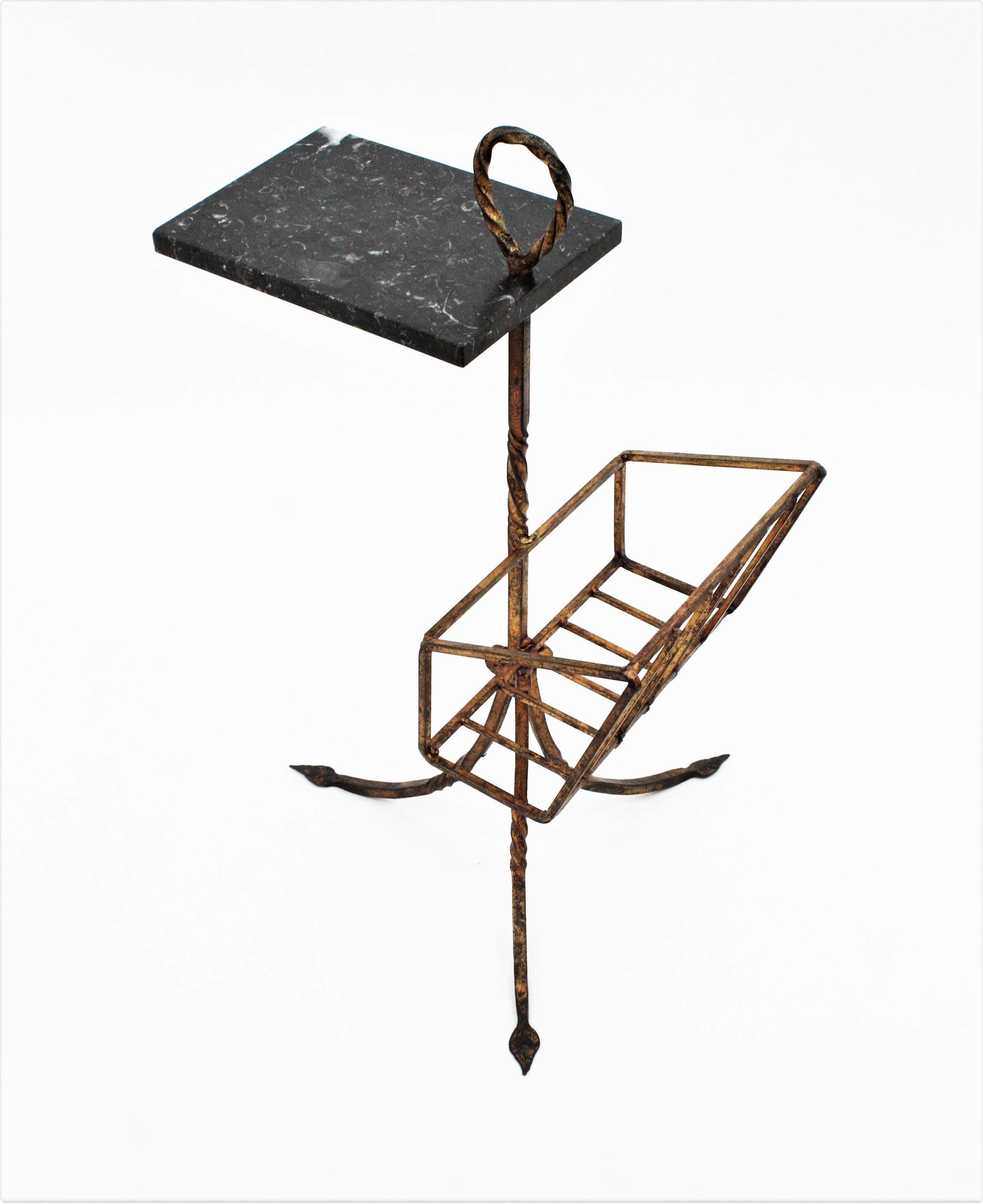 Spanish Tripod Drinks Table Magazine Rack in Gilt Iron and Marble, 1950s 4