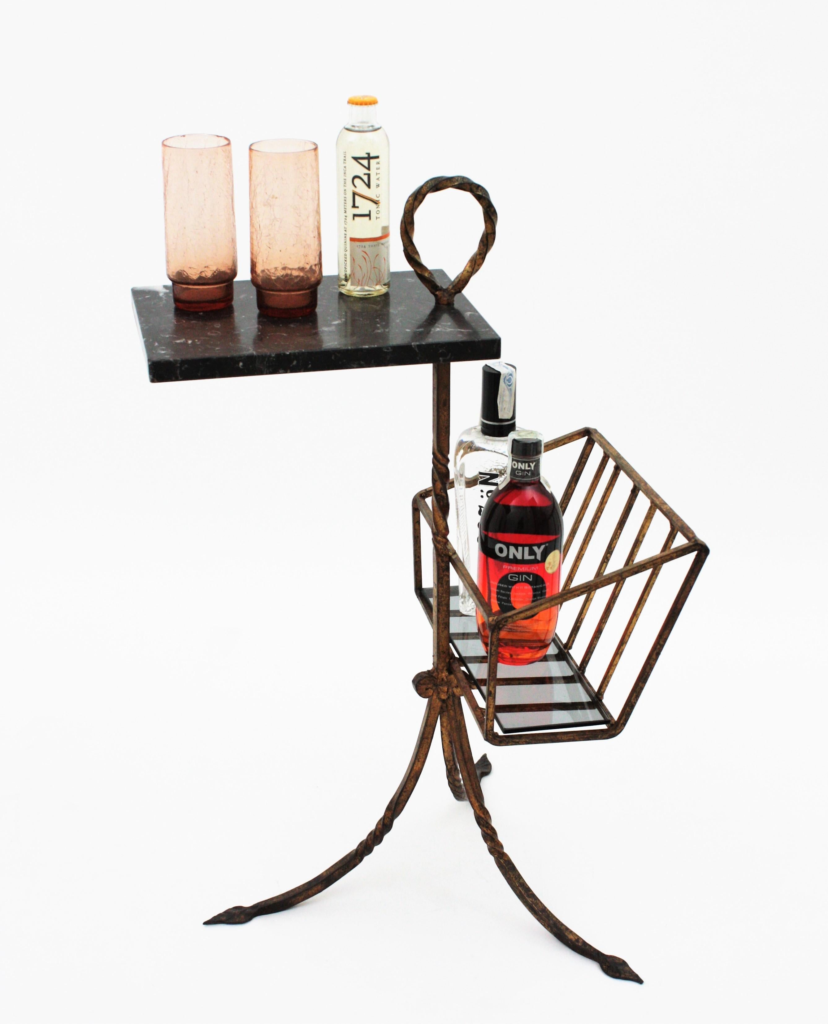 Spanish Tripod Drinks Table Magazine Rack in Gilt Iron and Marble, 1950s 6