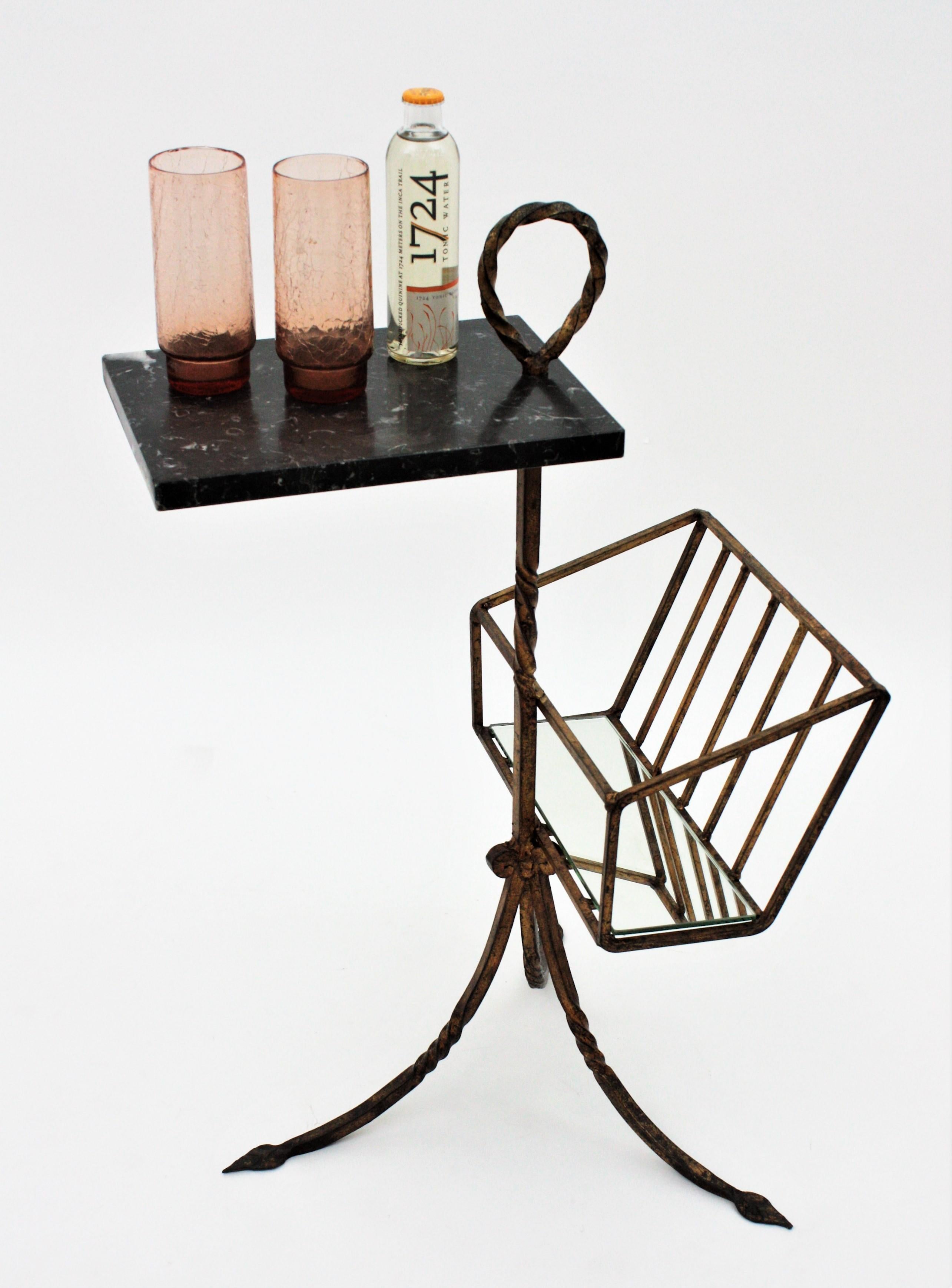 Spanish Tripod Drinks Table Magazine Rack in Gilt Iron and Marble, 1950s 7
