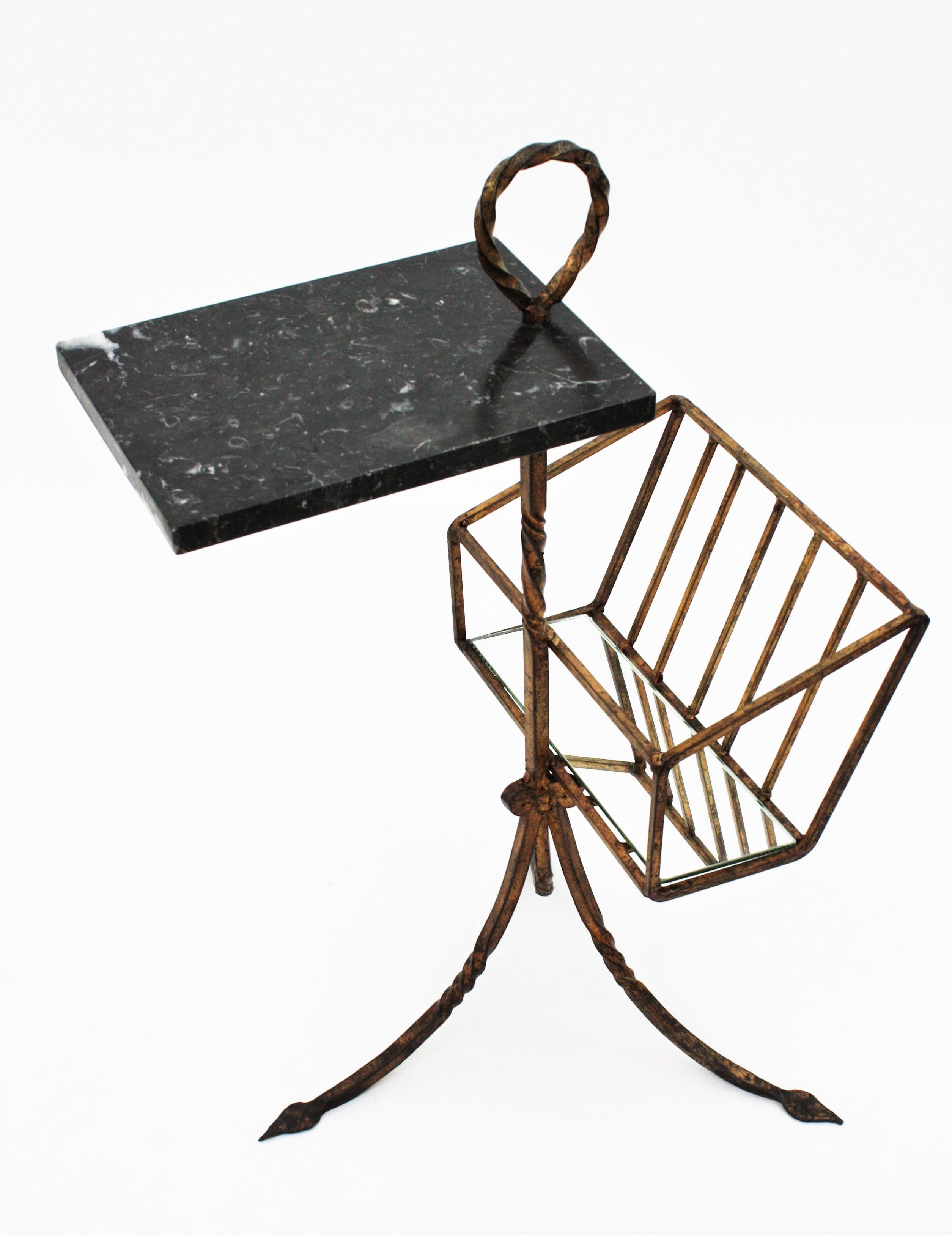 Spanish Tripod Drinks Table Magazine Rack in Gilt Iron and Marble, 1950s 8