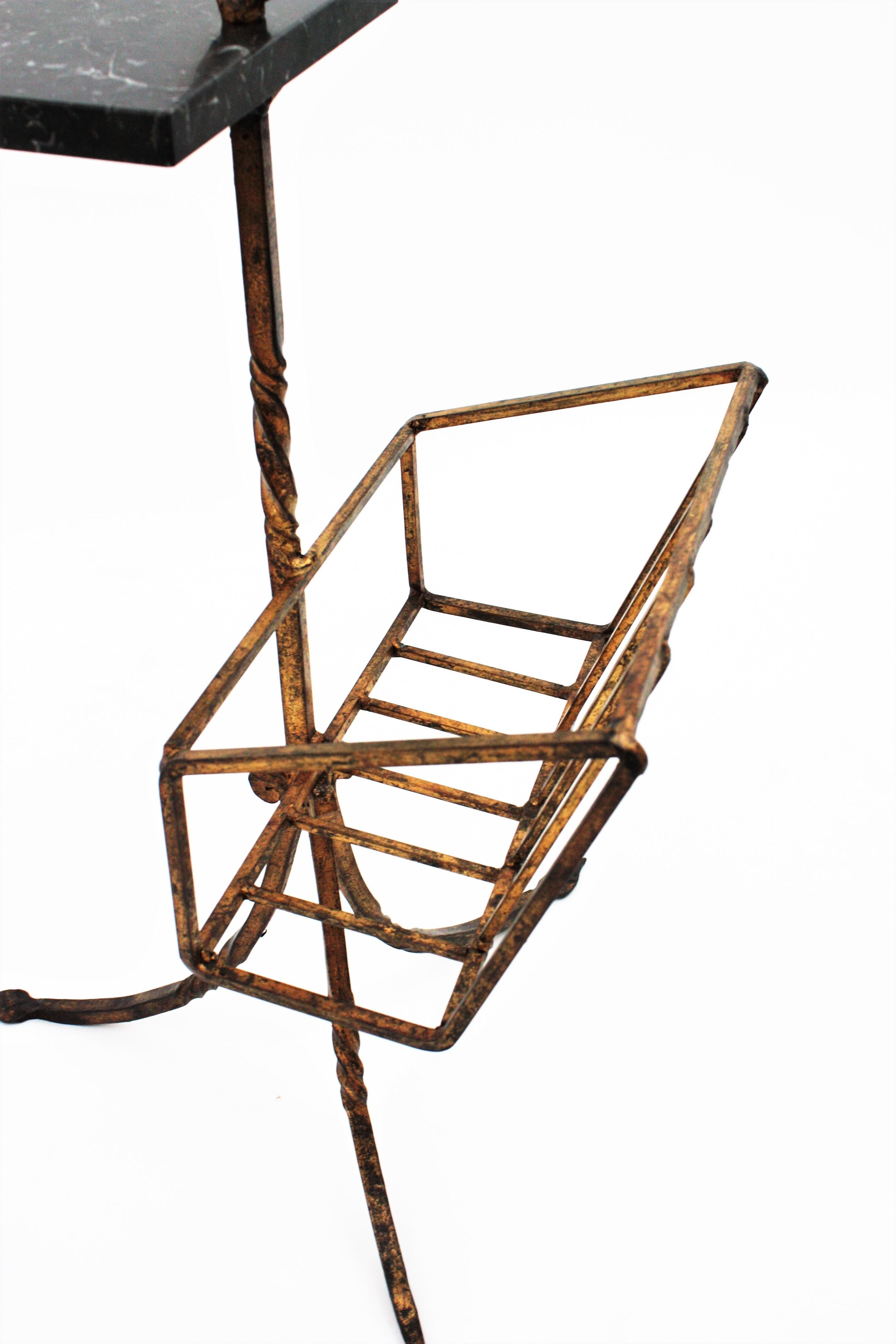 Spanish Tripod Drinks Table Magazine Rack in Gilt Iron and Marble, 1950s 10