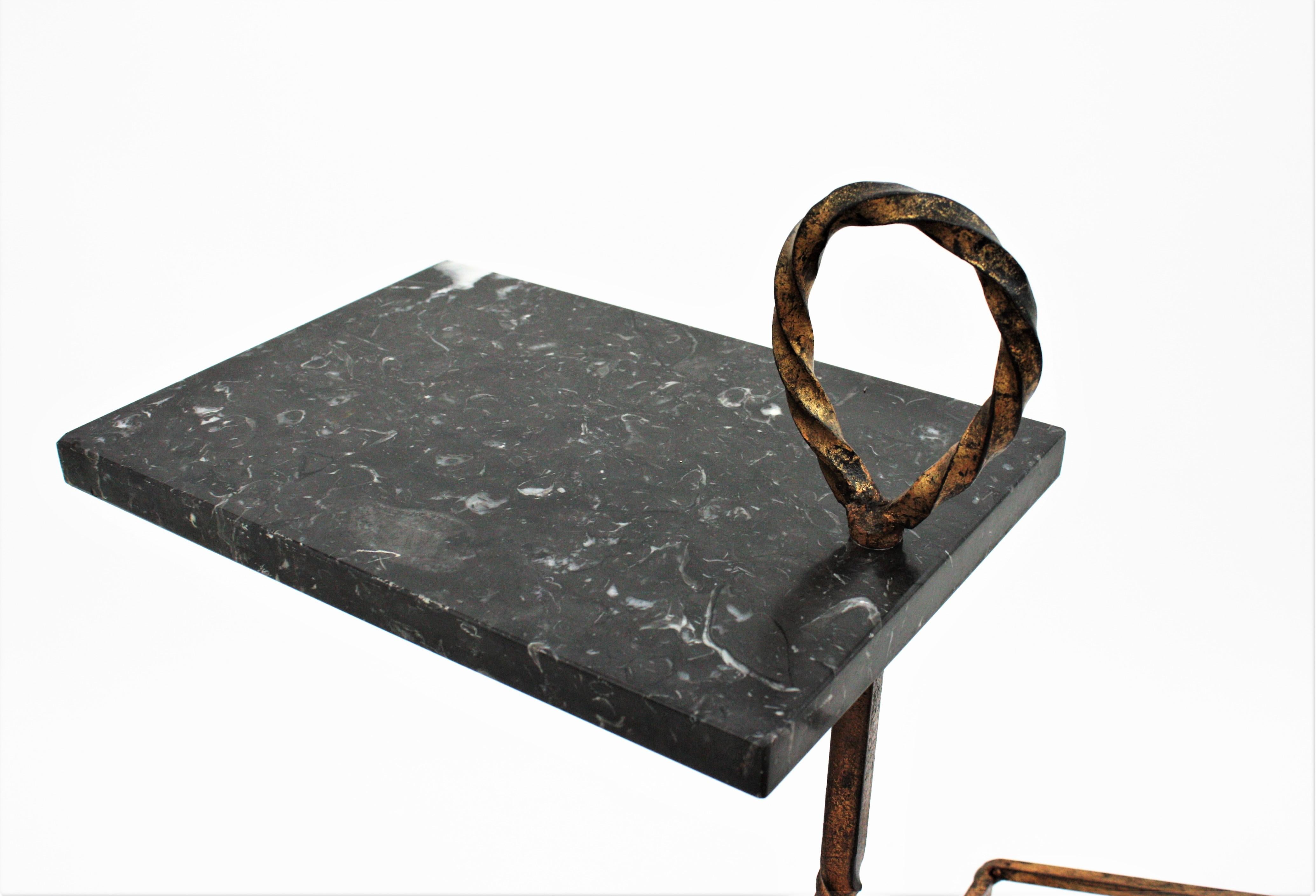 Spanish Tripod Drinks Table Magazine Rack in Gilt Iron and Marble, 1950s 11