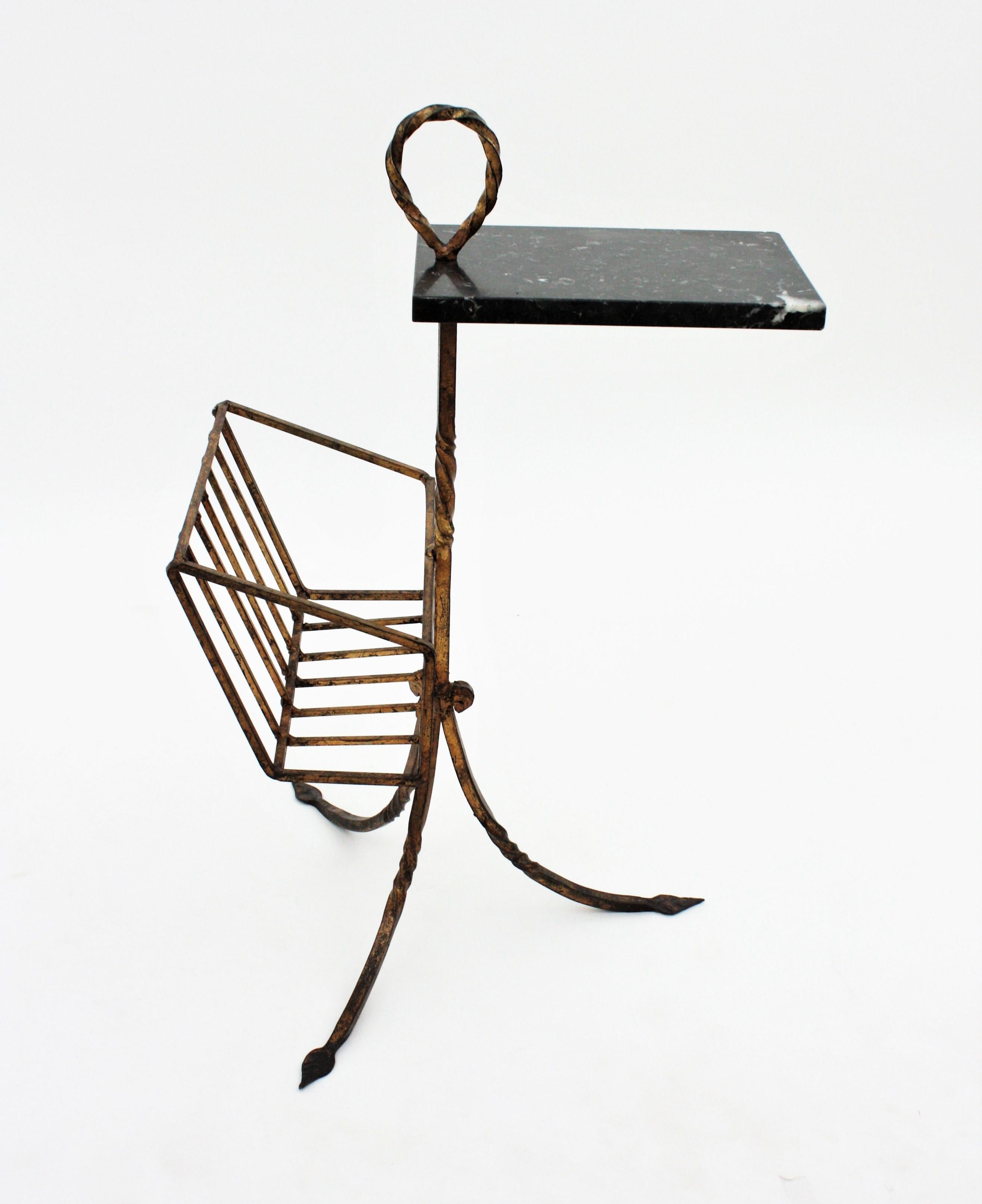 Spanish Tripod Drinks Table Magazine Rack in Gilt Iron and Marble, 1950s 12