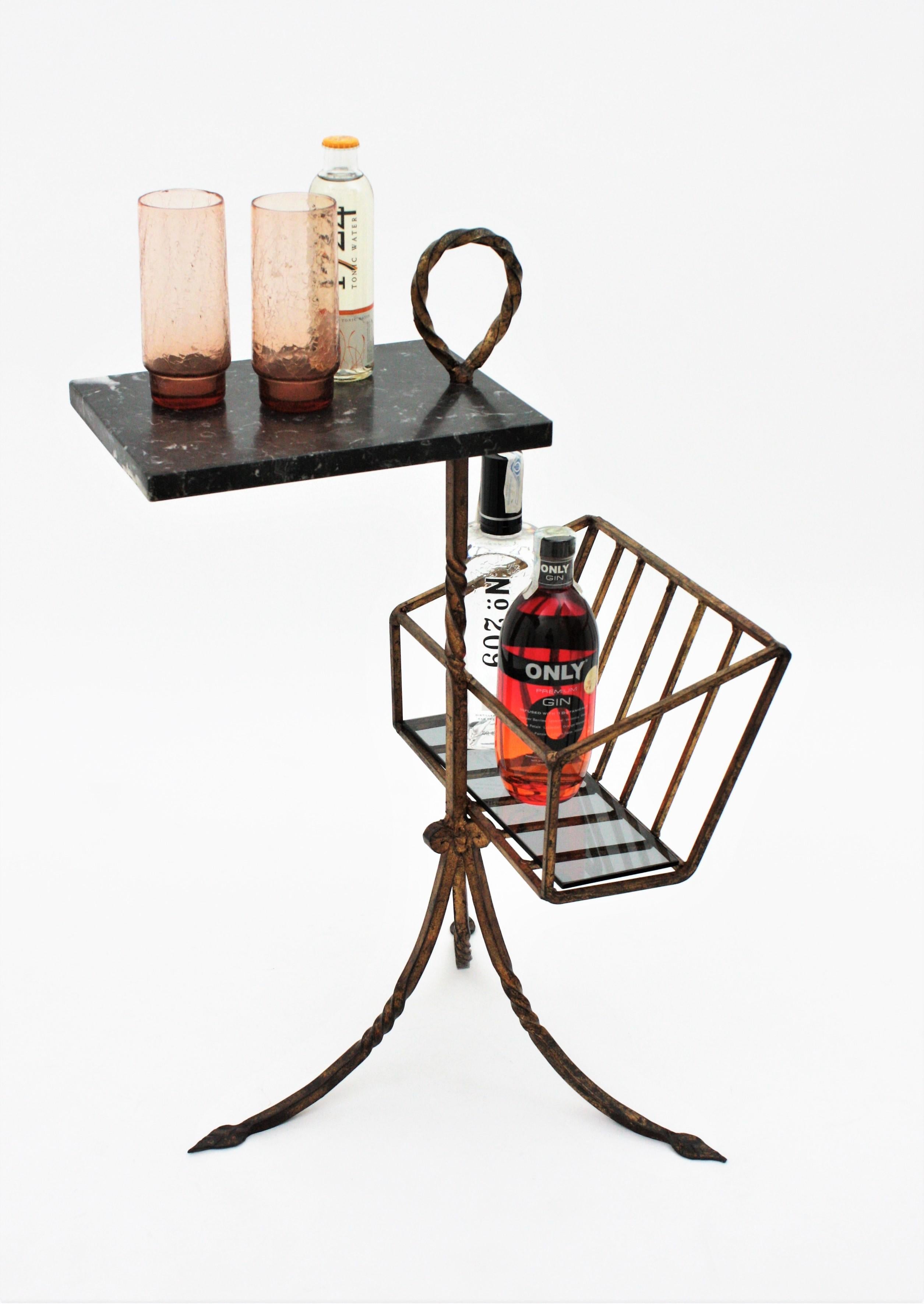 Spanish Tripod Drinks Table Magazine Rack in Gilt Iron and Marble, 1950s 13