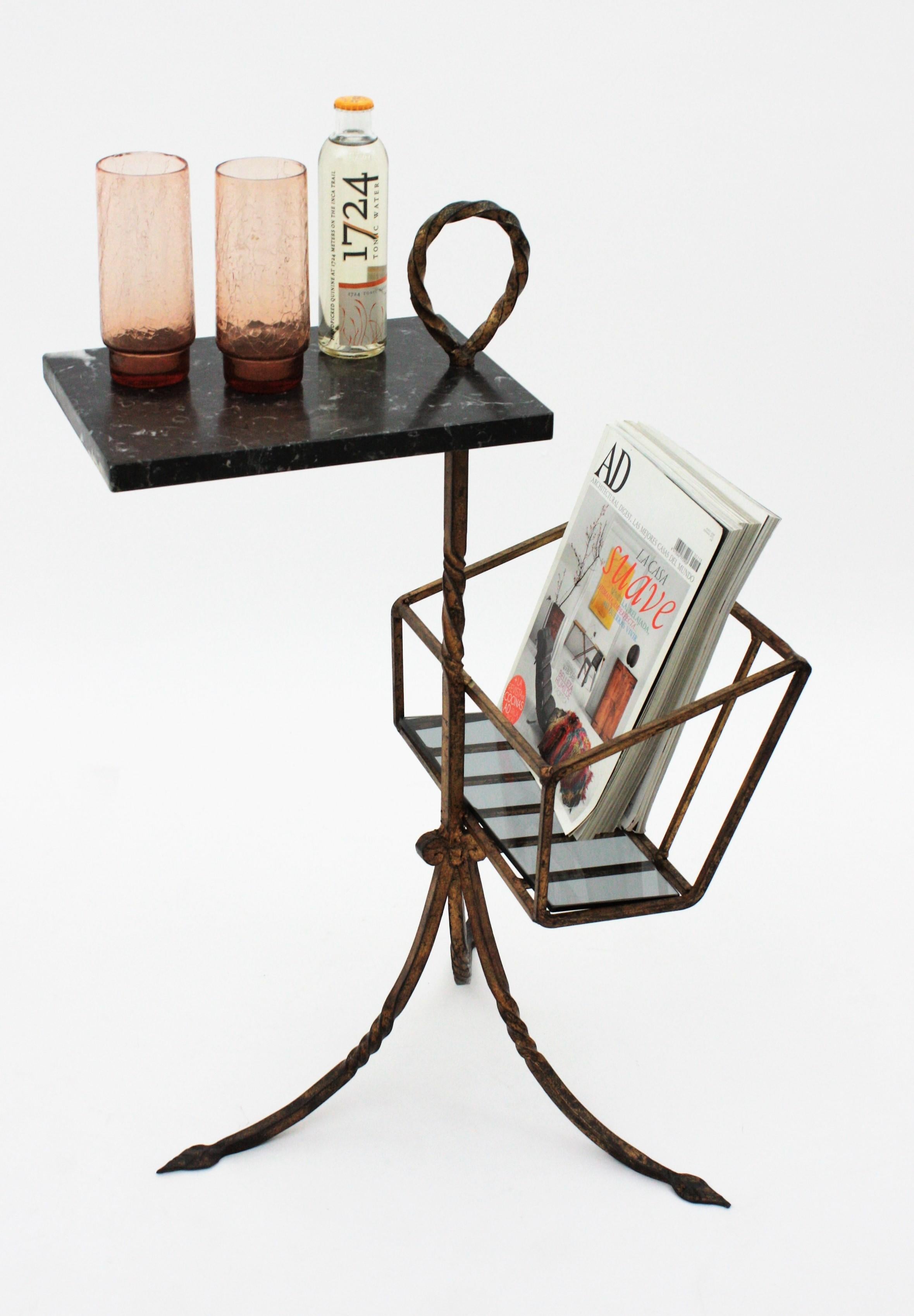 Spanish Tripod Drinks Table Magazine Rack in Gilt Iron and Marble, 1950s 14