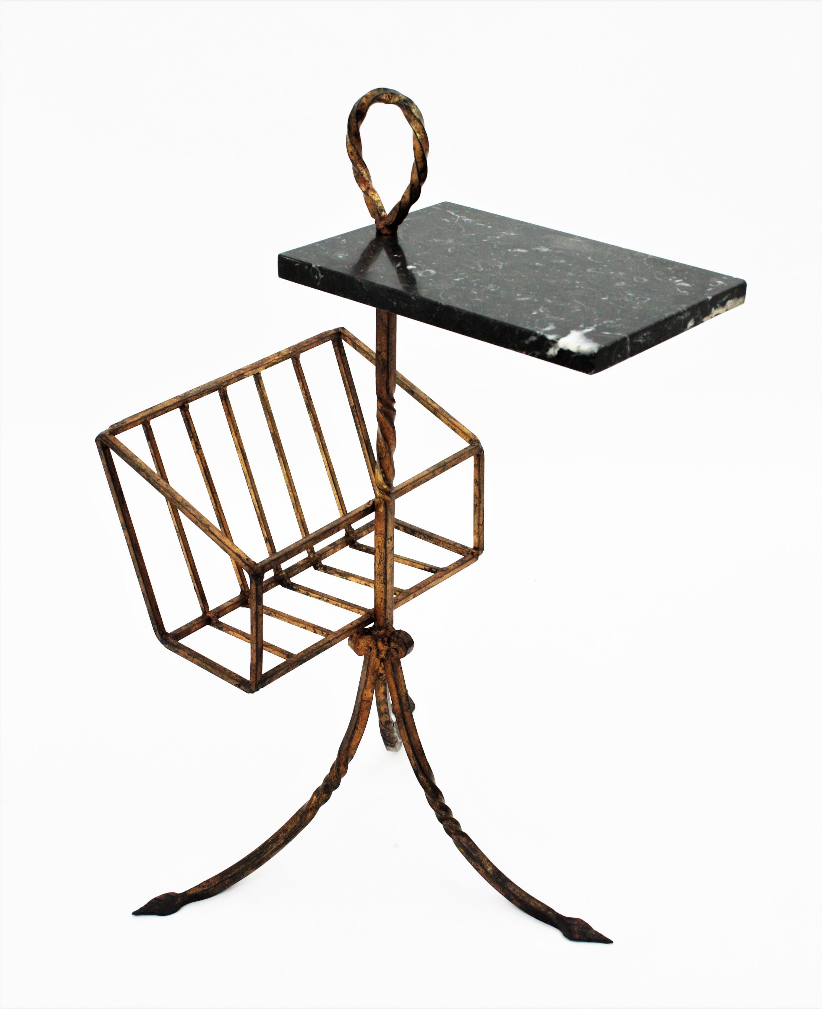 Mid-Century Modern Spanish Tripod Drinks Table Magazine Rack in Gilt Iron and Marble, 1950s