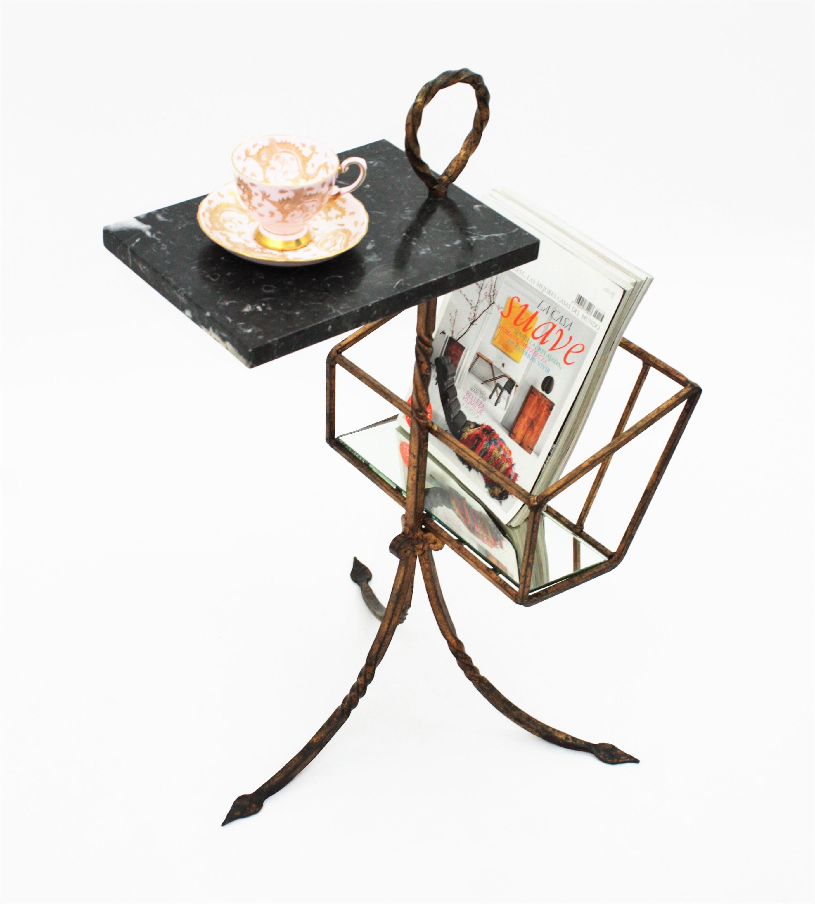 Forged Spanish Tripod Drinks Table Magazine Rack in Gilt Iron and Marble, 1950s