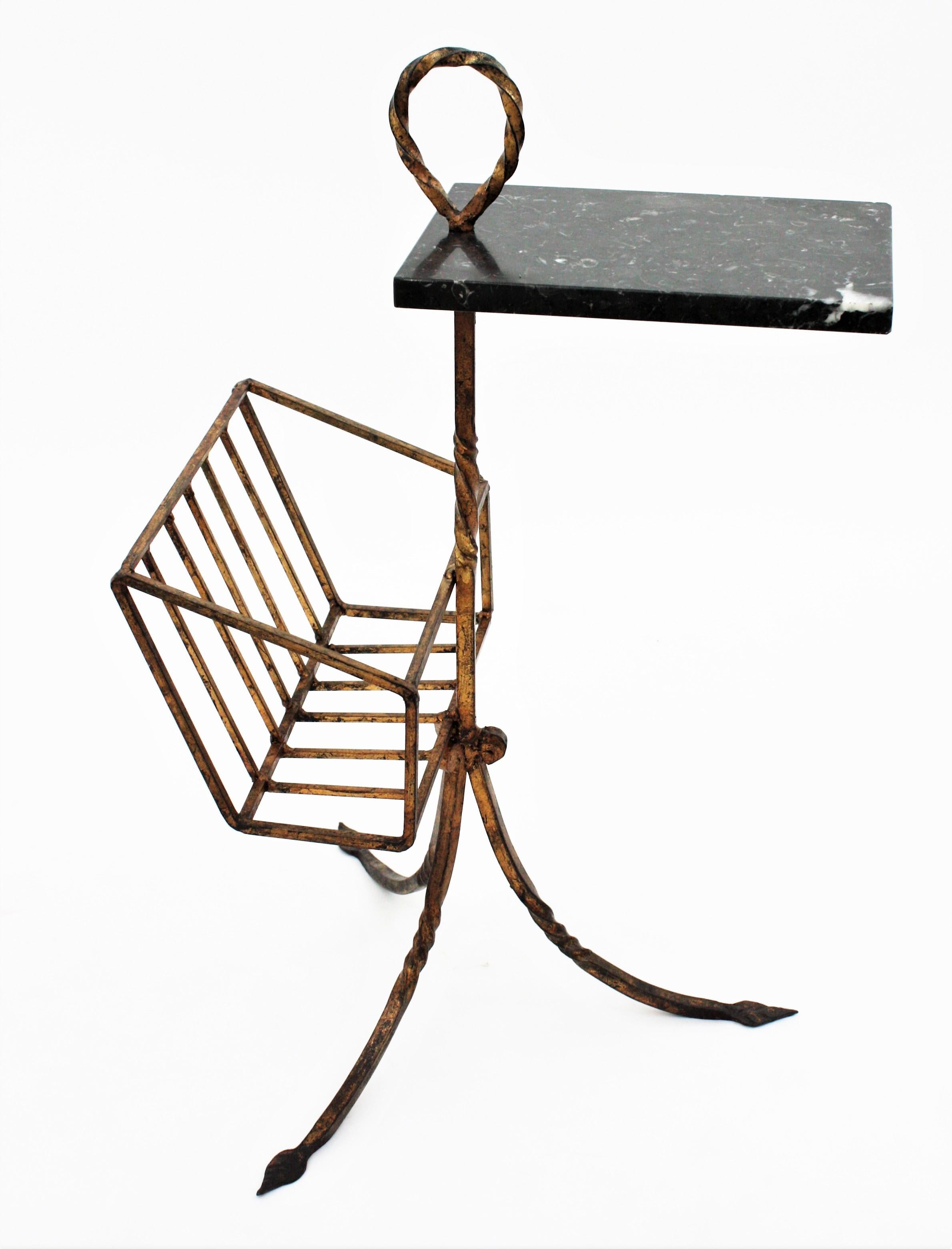 Spanish Tripod Drinks Table Magazine Rack in Gilt Iron and Marble, 1950s 1