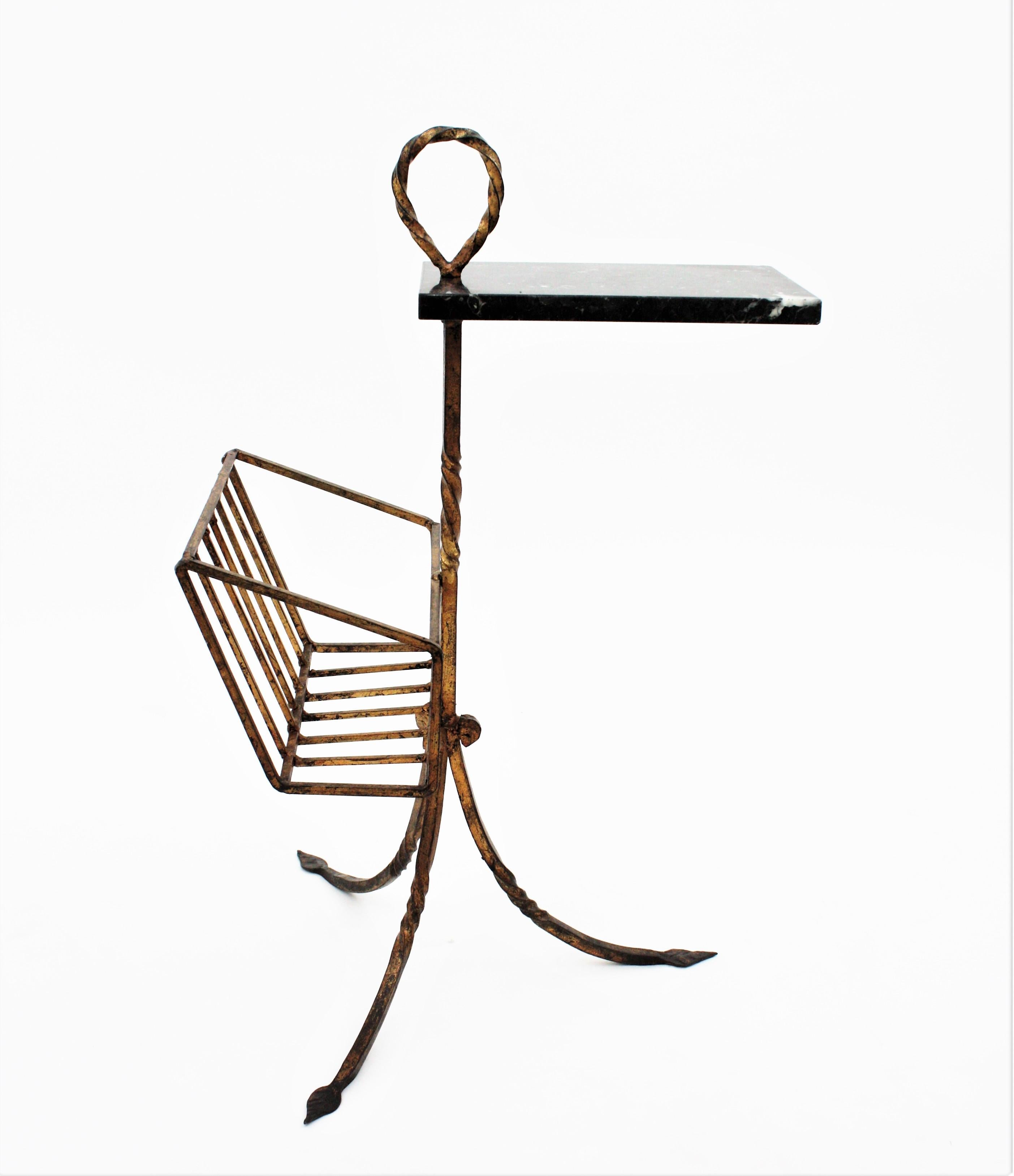 Spanish Tripod Drinks Table Magazine Rack in Gilt Iron and Marble, 1950s 3