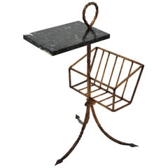 Vintage Spanish Tripod Drinks Table Magazine Rack in Gilt Iron and Marble, 1950s