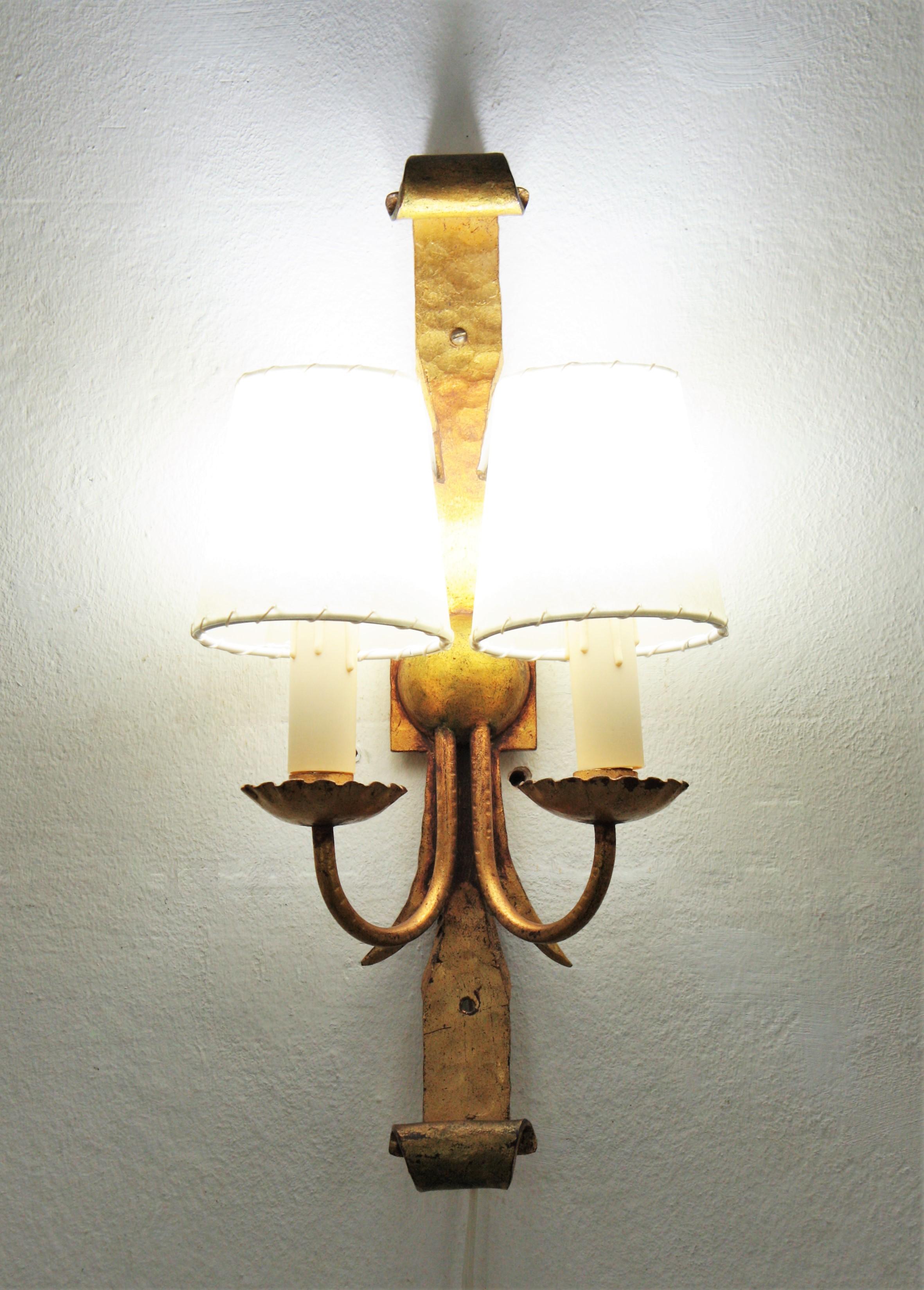 Pair of Spanish Revival Wall Sconces in Gilt Wrought Iron 3