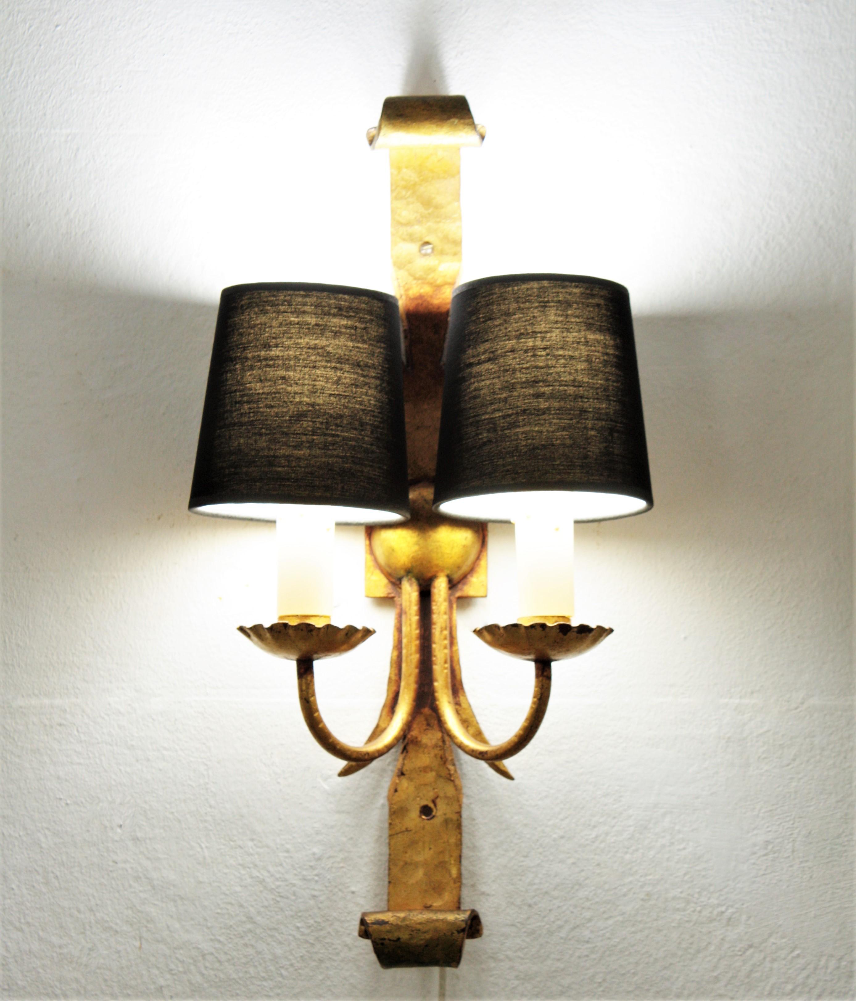 Mid-Century Modern Pair of Spanish Revival Wall Sconces in Gilt Wrought Iron
