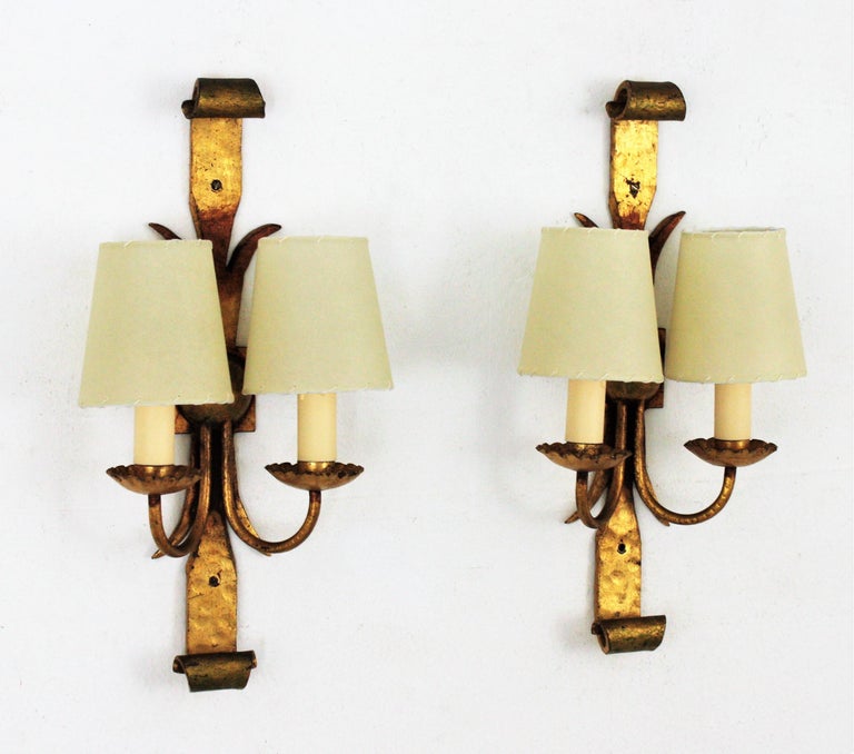 Pair of Spanish Revival Wall Sconces in Gilt Wrought Iron at 1stDibs
