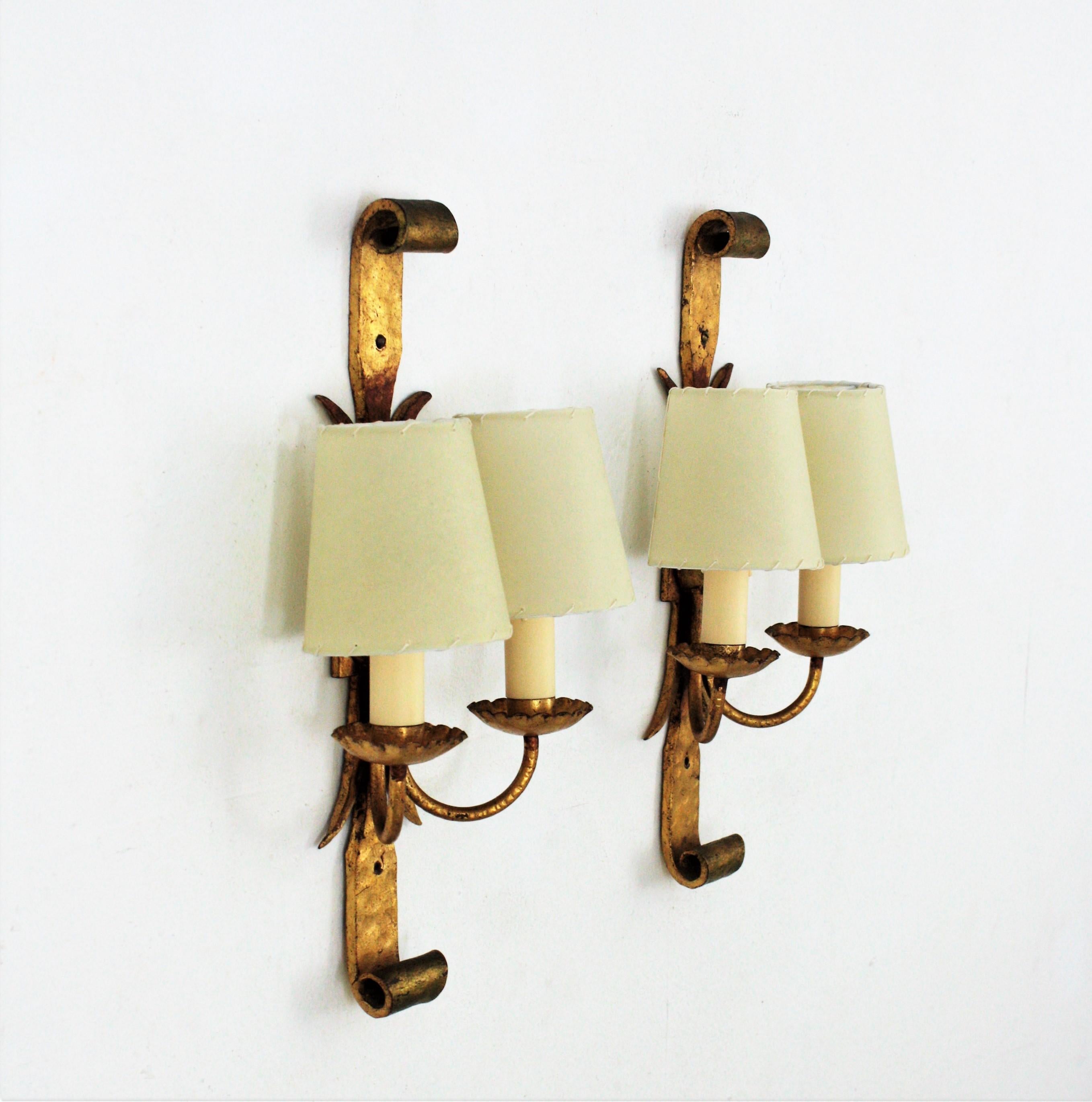 Pair of Spanish Revival Wall Sconces in Gilt Wrought Iron 1