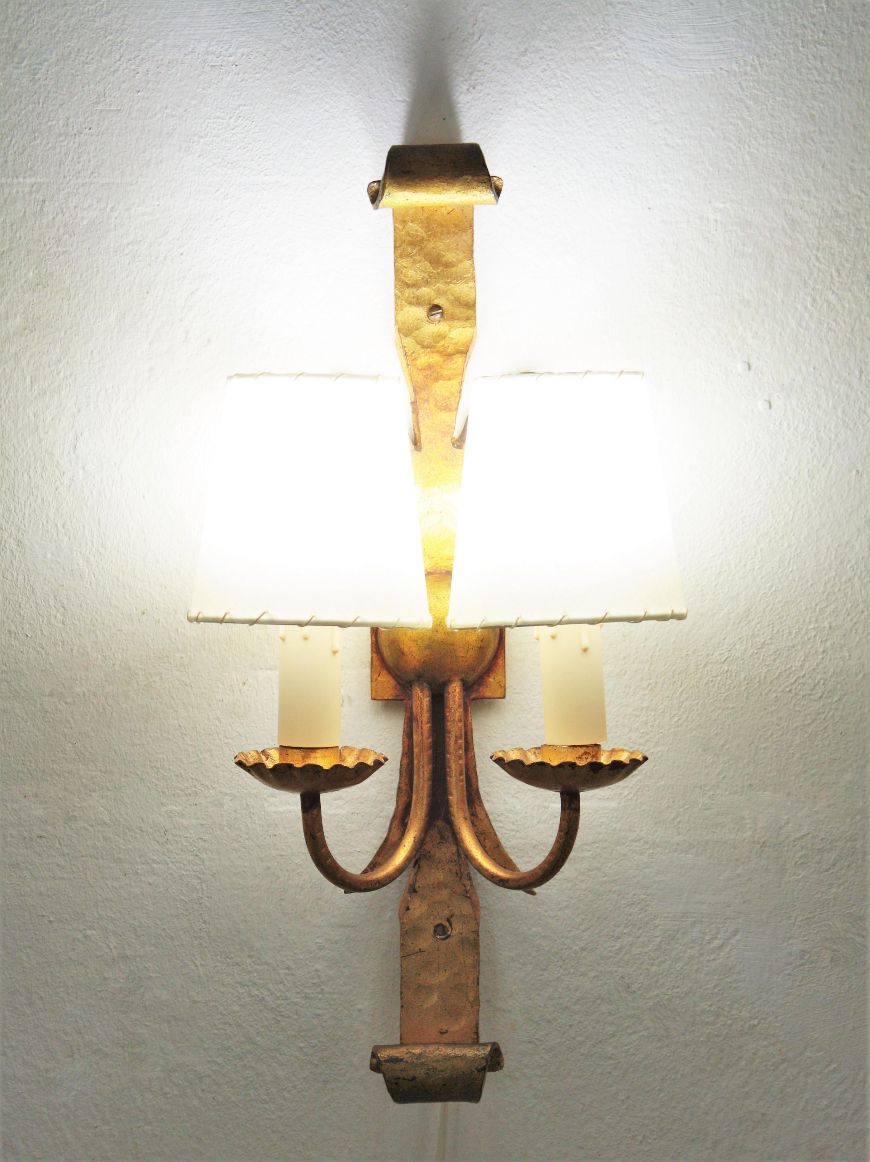 Pair of Spanish Revival Wall Sconces in Gilt Wrought Iron 2