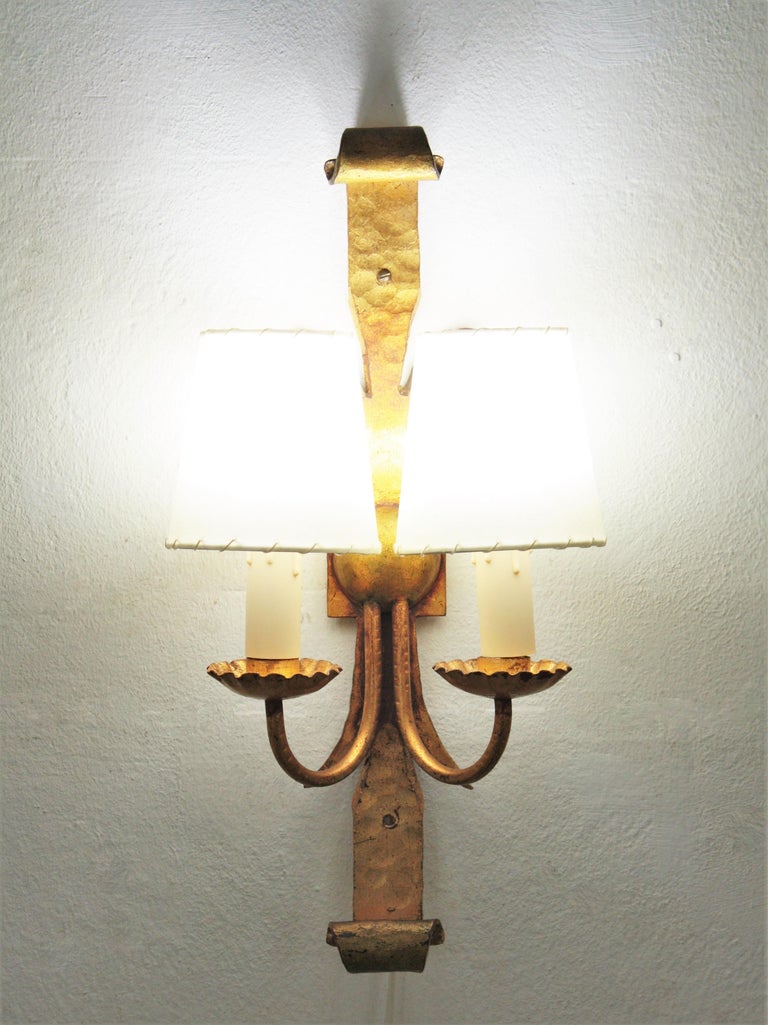 Pair of Spanish Revival Wall Sconces in Gilt Wrought Iron at 1stDibs
