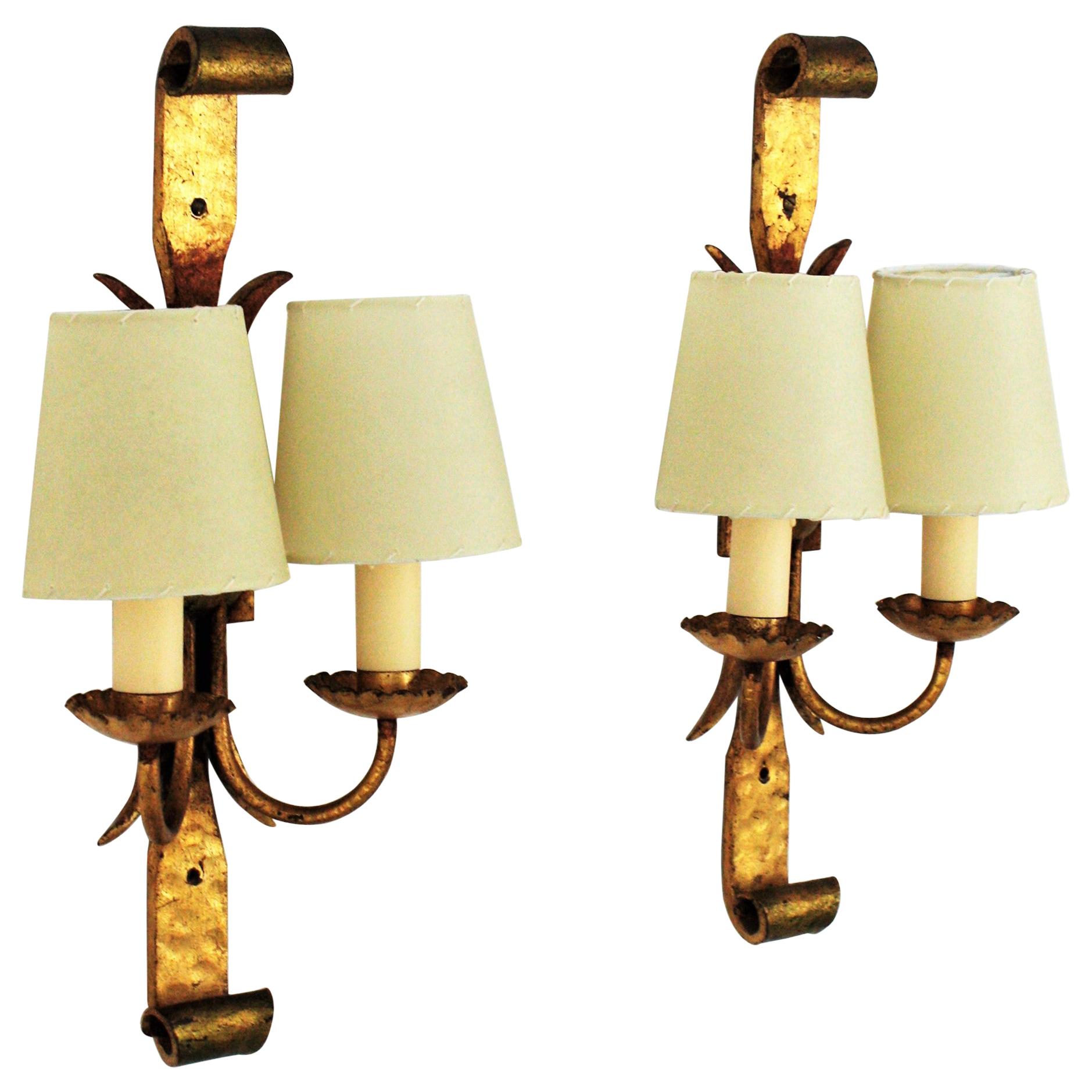 Pair of Spanish Revival Wall Sconces in Gilt Wrought Iron