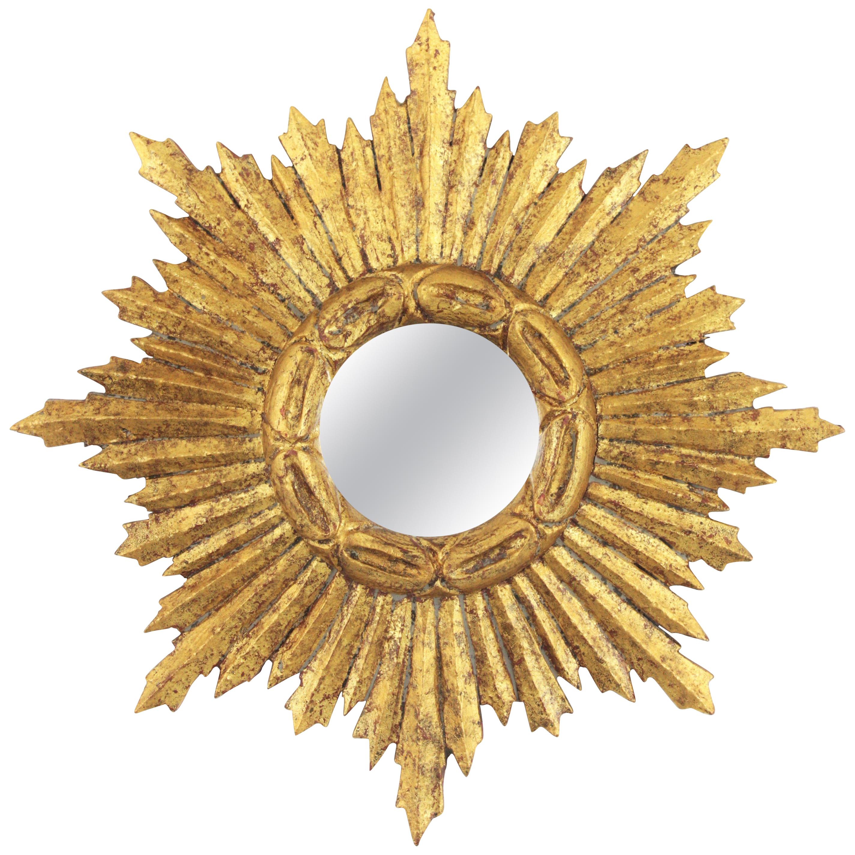 Spanish 1950s Baroque Style Carved Giltwood Mini Sunburst Mirror