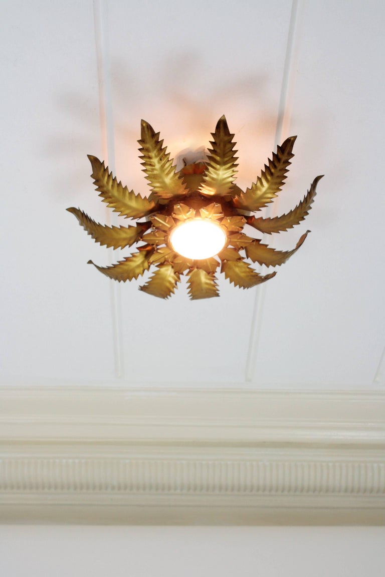 Spanish 1950s Brutalist Gilt Metal Leafed Sunburst Ceiling